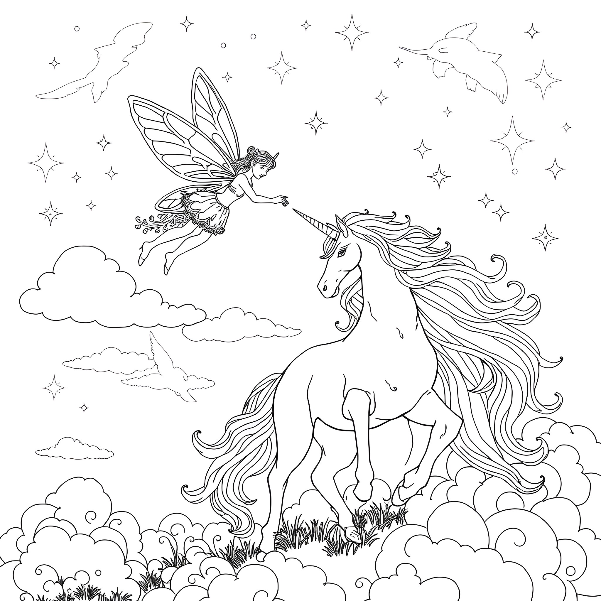 Fairy riding a magical unicorn in the starry night sky Coloring Page (free black-and-white line drawing printable PDF for all, from beginners to advanced learners, including children, teens, adults, and seniors)