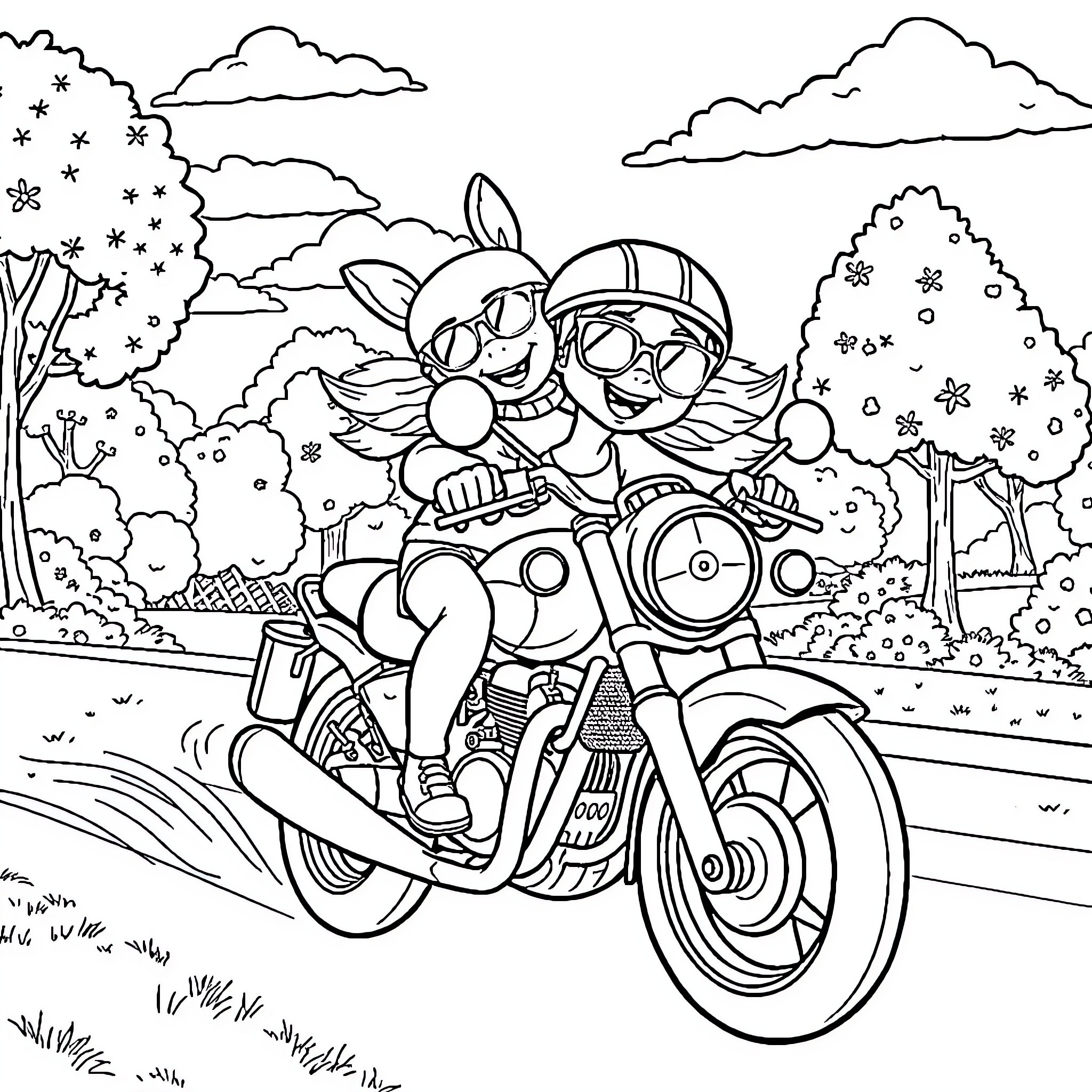 Bluey riding a motorcycle through the countryside Coloring Page (free black-and-white line drawing printable PDF for all, from beginners to advanced learners, including children, teens, adults, and seniors)