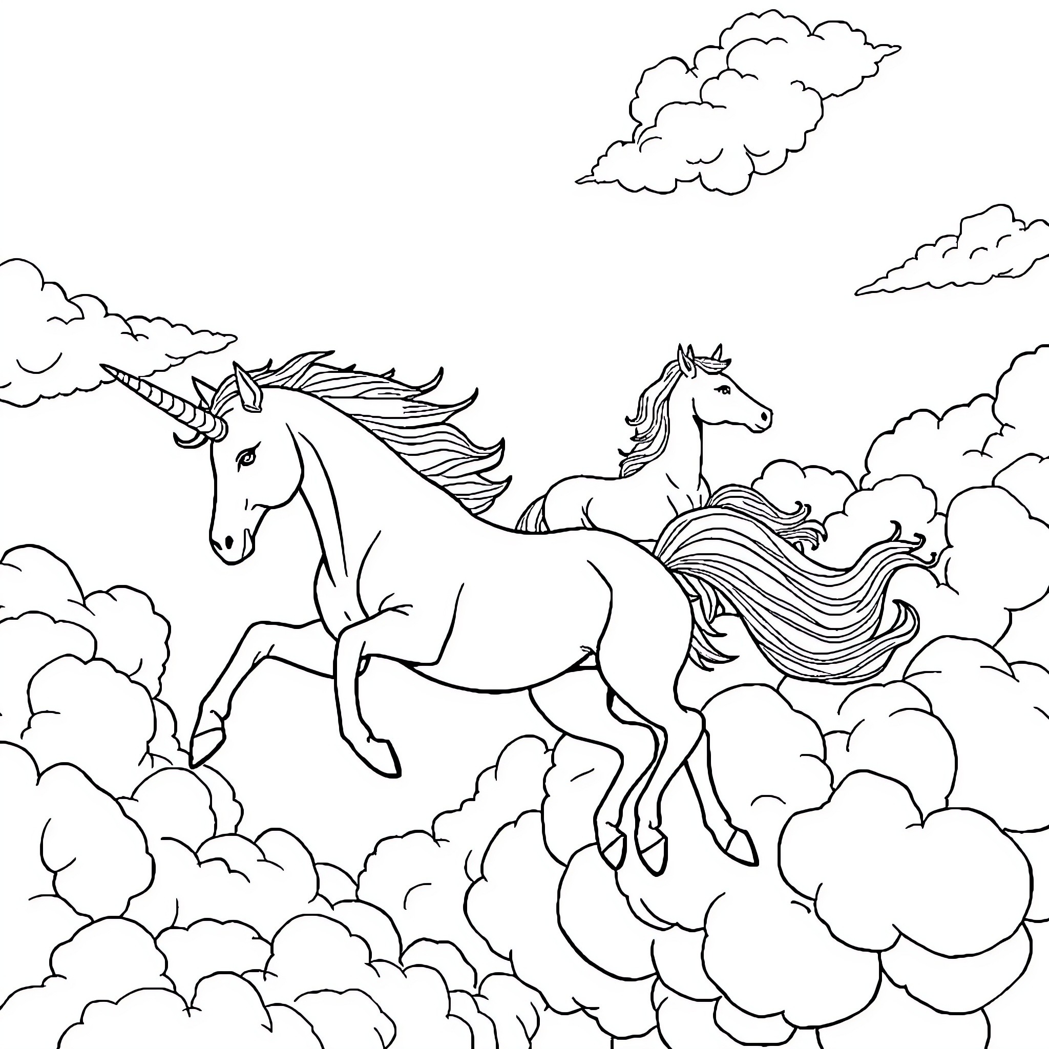 Unicorns galloping through the clouds Coloring Page (free black-and-white line drawing printable PDF for all, from beginners to advanced learners, including children, teens, adults, and seniors)