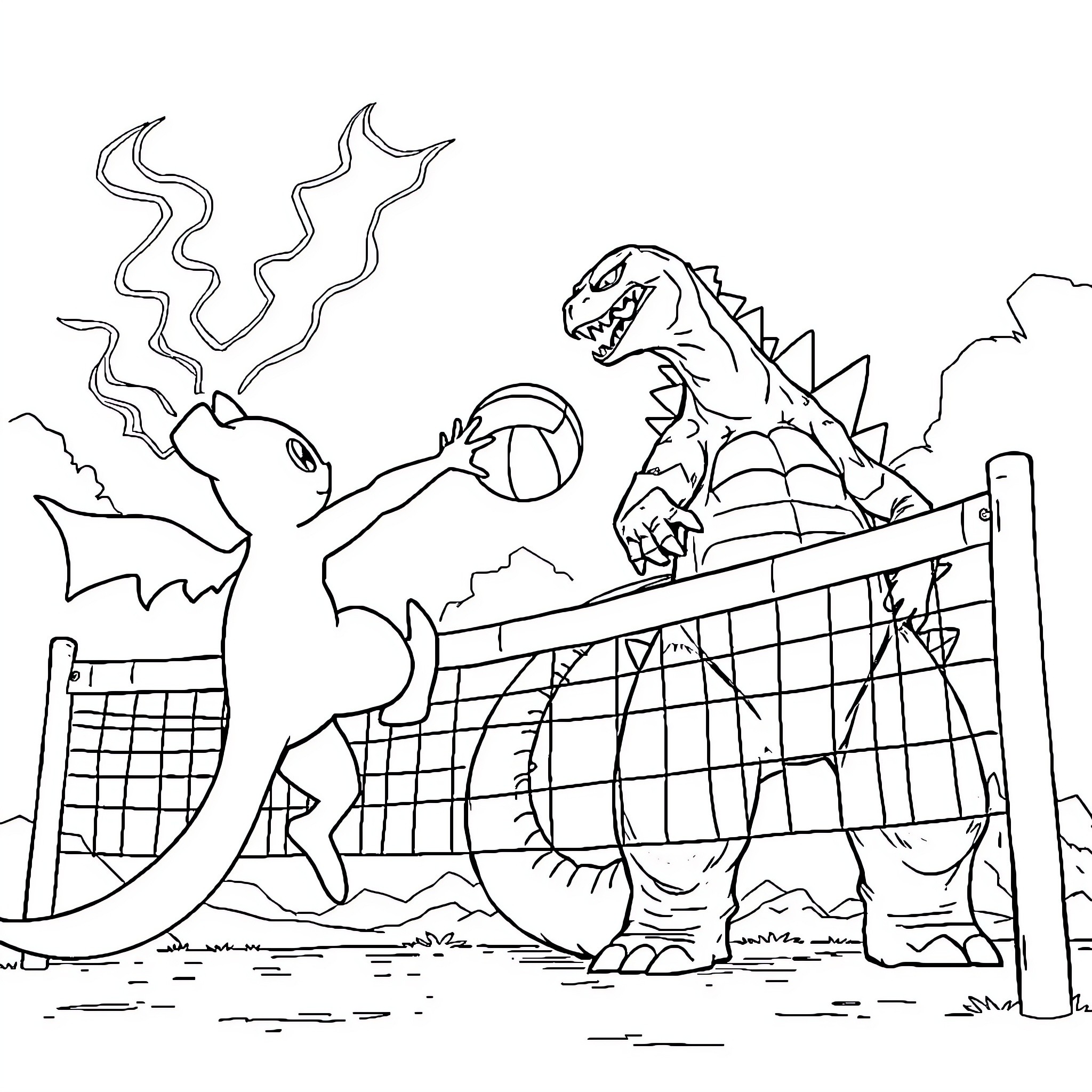 Mew 2 Playing Volleyball with a Dinosaur Coloring Page (free black-and-white line drawing printable PDF for all, from beginners to advanced learners, including children, teens, adults, and seniors)