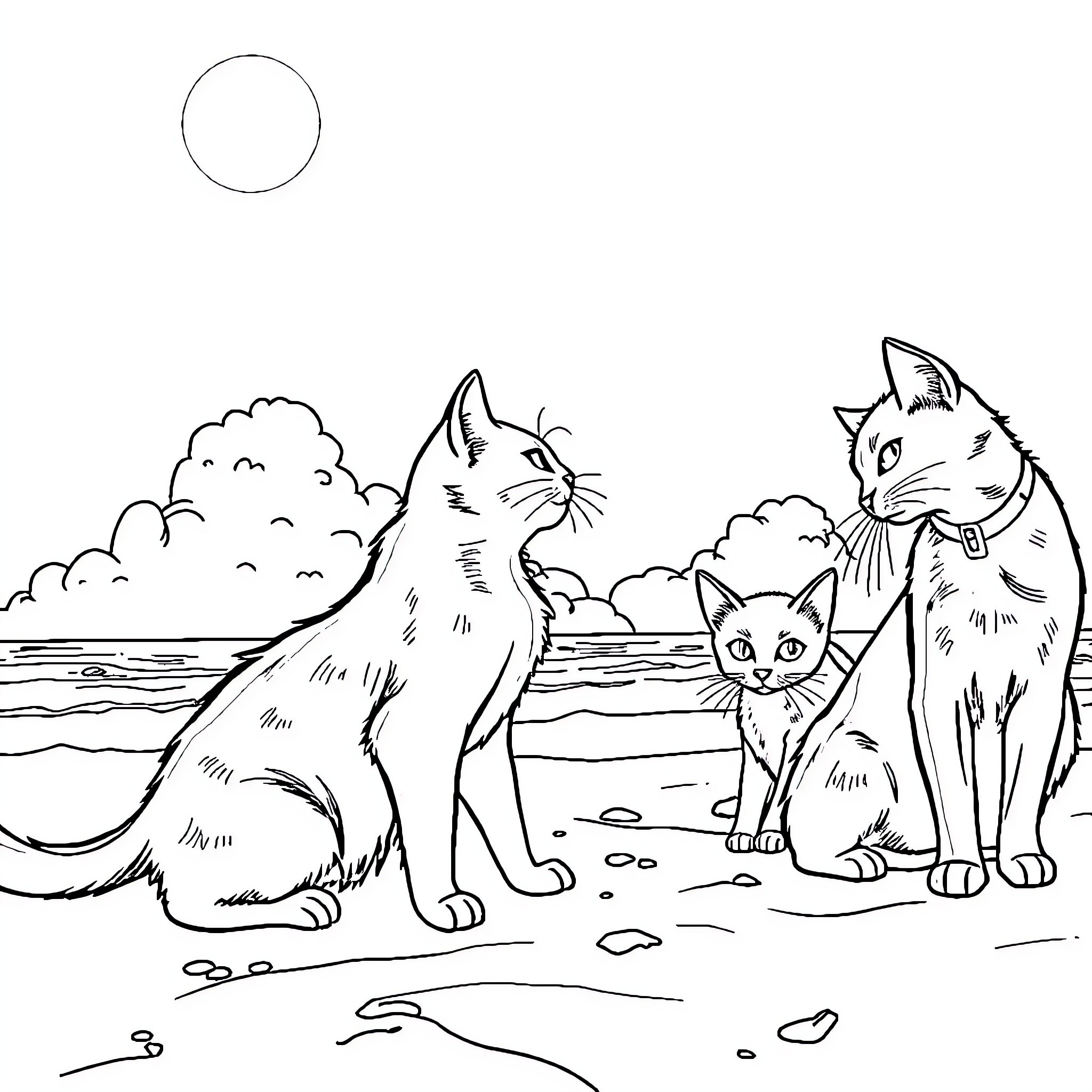 Gato cats and kittens in nature scene Coloring Page (free black-and-white line drawing printable PDF for all, from beginners to advanced learners, including children, teens, adults, and seniors)
