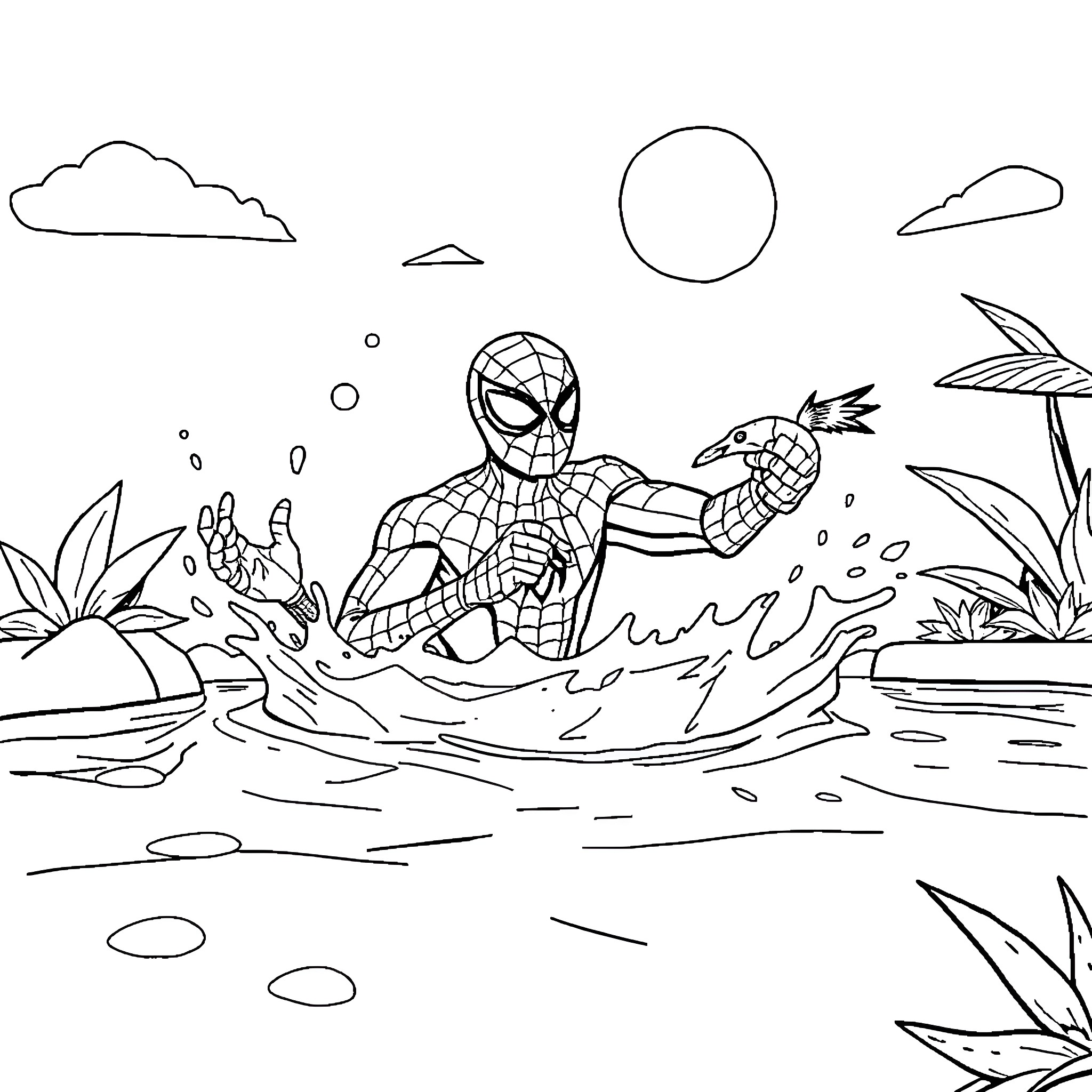 Spiderman swimming with fish in tropical waters Coloring Page (free black-and-white line drawing printable PDF for all, from beginners to advanced learners, including children, teens, adults, and seniors)