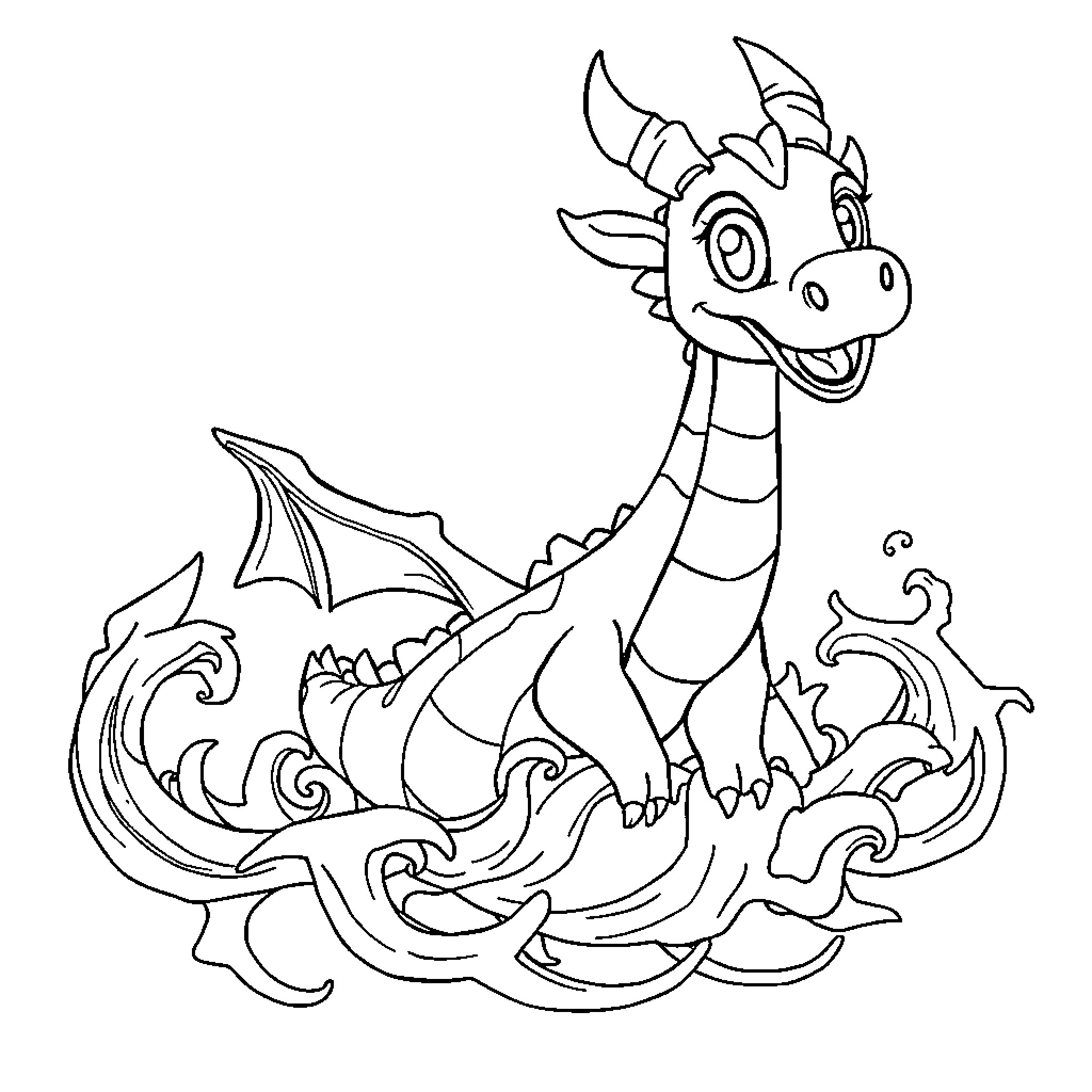 Dragon playfully swimming in the waves Coloring Page (free black-and-white line drawing printable PDF for all, from beginners to advanced learners, including children, teens, adults, and seniors)