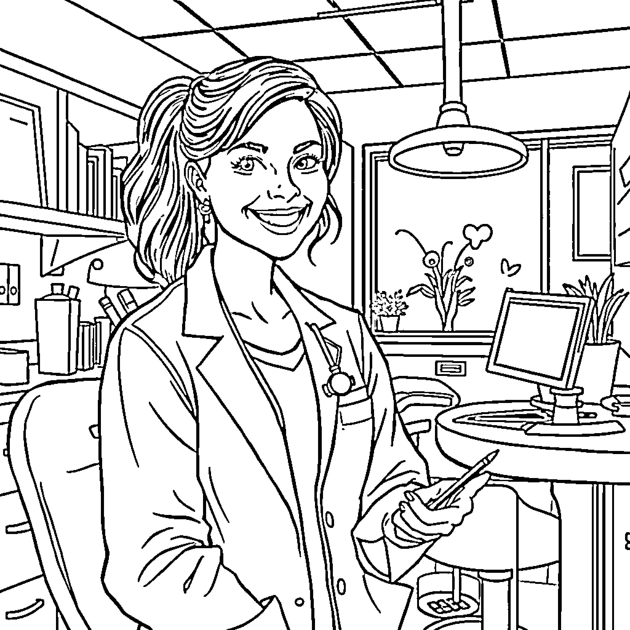 Dentist Smiling Cheerfully in Her Clinic Coloring Page (free black-and-white line drawing printable PDF for all, from beginners to advanced learners, including children, teens, adults, and seniors)