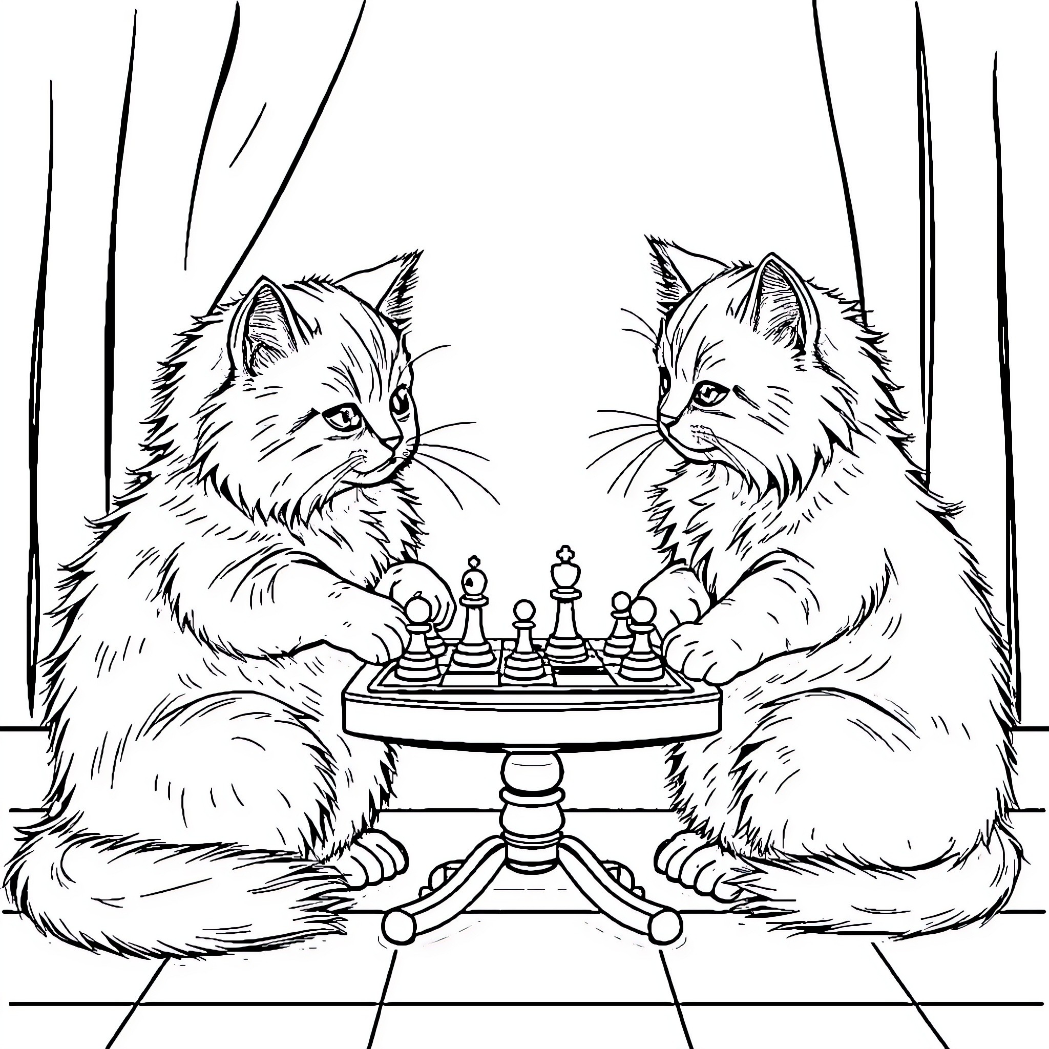 Cats playing chess together Coloring Page (free black-and-white line drawing printable PDF for all, from beginners to advanced learners, including children, teens, adults, and seniors)
