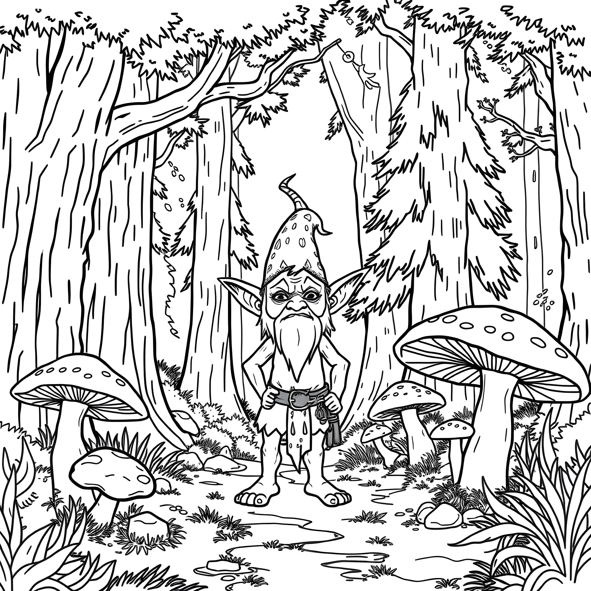 Goblin exploring the magical forest Coloring Page (free black-and-white line drawing printable PDF for all, from beginners to advanced learners, including children, teens, adults, and seniors)