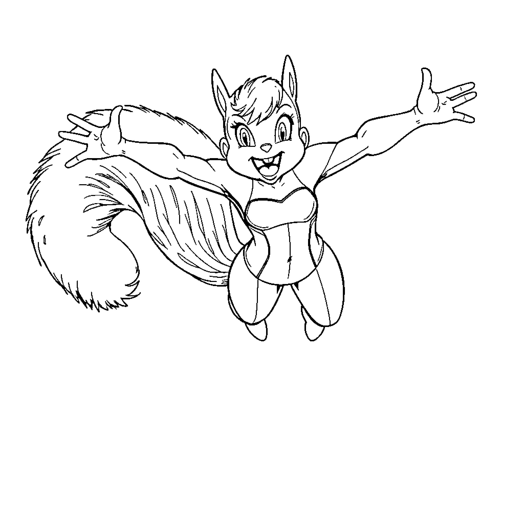 Squirrel Girl jumping joyfully with arms outstretched Coloring Page (free black-and-white line drawing printable PDF for all, from beginners to advanced learners, including children, teens, adults, and seniors)