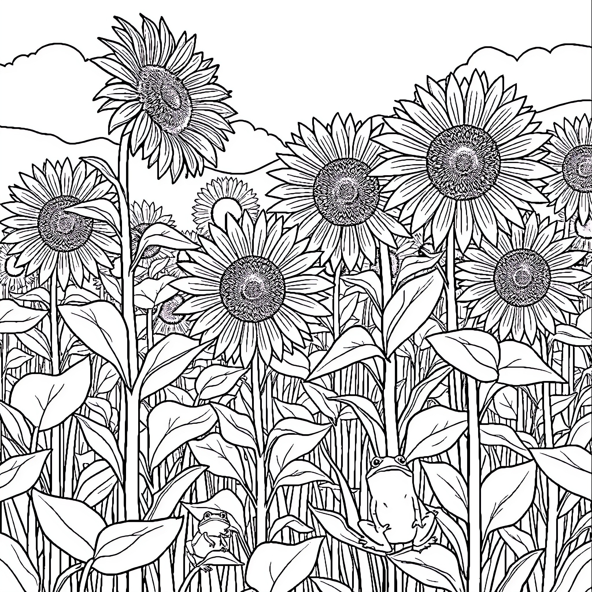 Sunflower field in bloom Coloring Page (free black-and-white line drawing printable PDF for all, from beginners to advanced learners, including children, teens, adults, and seniors)
