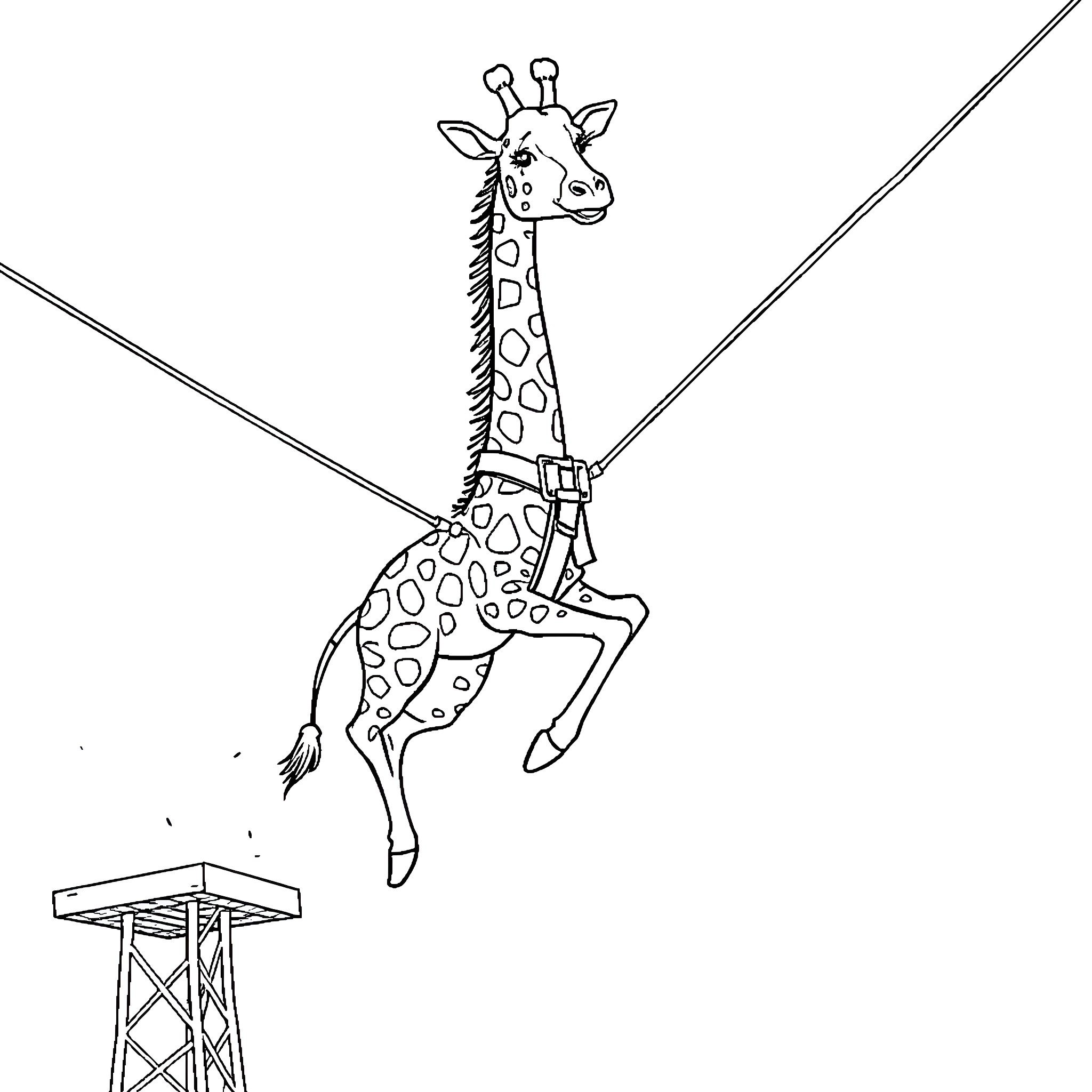Giraffe swinging from high platform Coloring Page (free black-and-white line drawing printable PDF for all, from beginners to advanced learners, including children, teens, adults, and seniors)