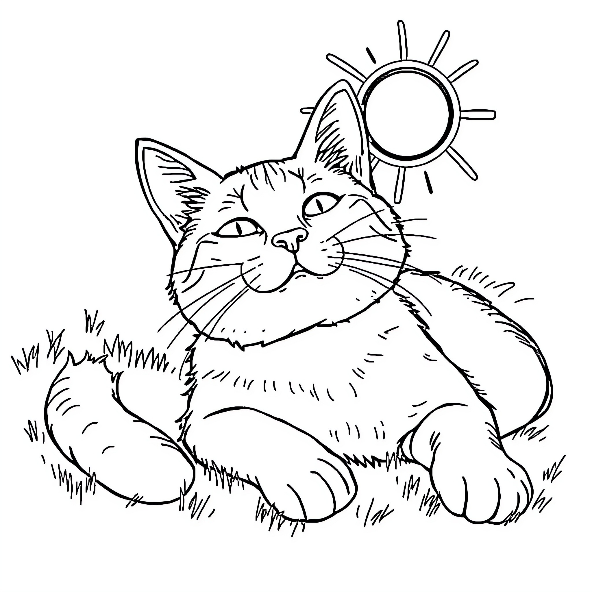 Cat sunbathing in the grass Coloring Page (free black-and-white line drawing printable PDF for all, from beginners to advanced learners, including children, teens, adults, and seniors)