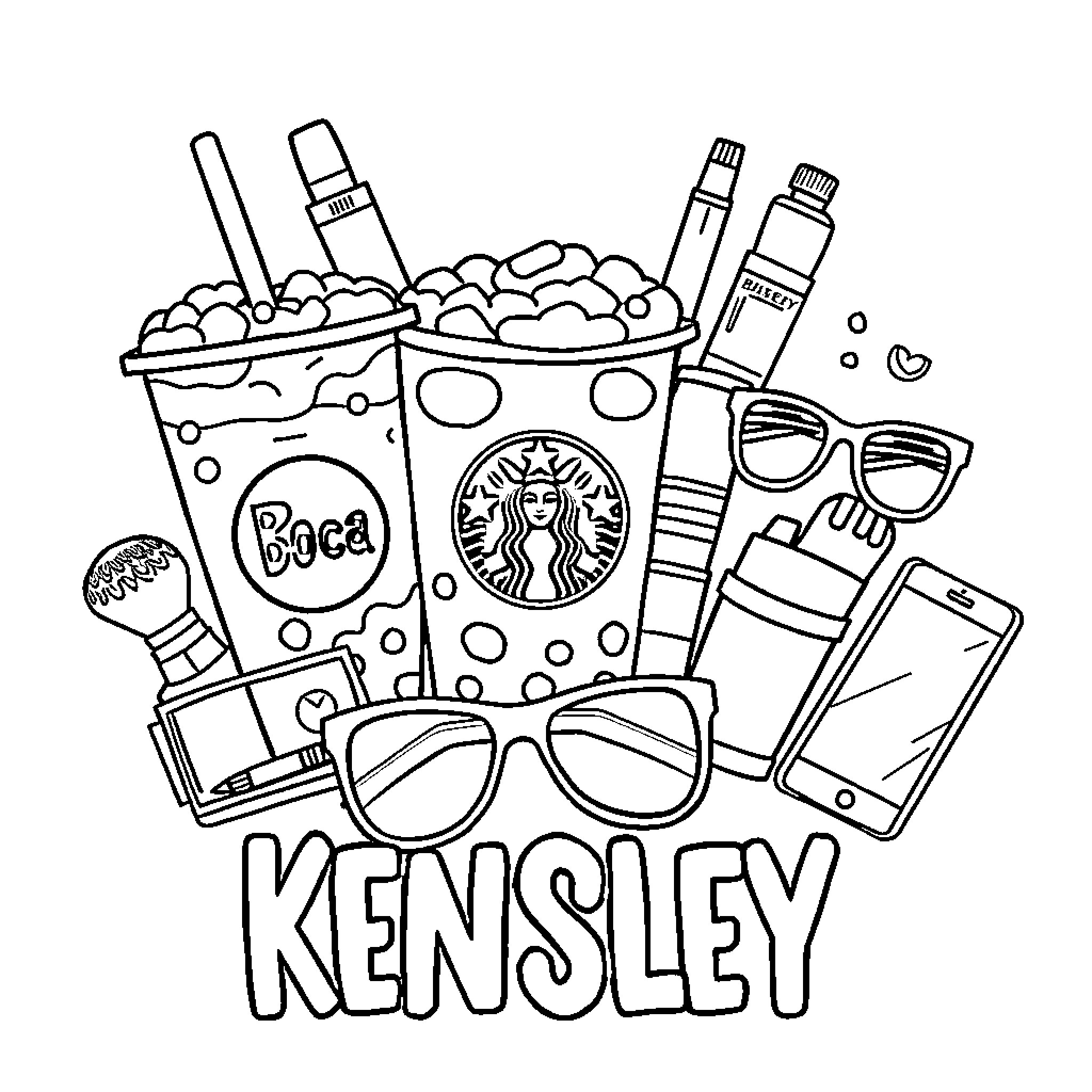 Boba Tea and Trendy Accessories Coloring Page (free black-and-white line drawing printable PDF for all, from beginners to advanced learners, including children, teens, adults, and seniors)