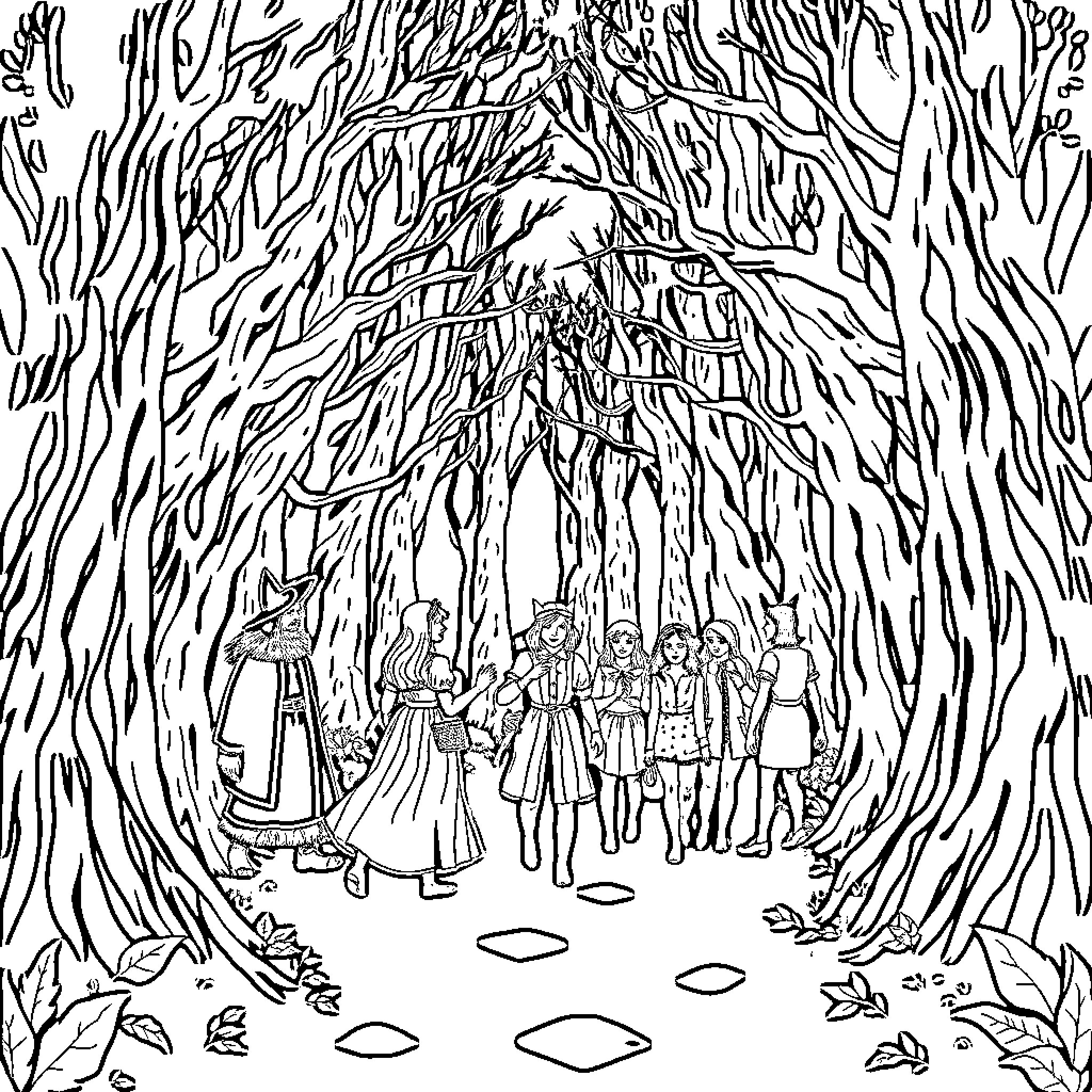 Into The Woods: Mysterious Encounter in the Enchanted Forest Coloring Page (free black-and-white line drawing printable PDF for all, from beginners to advanced learners, including children, teens, adults, and seniors)