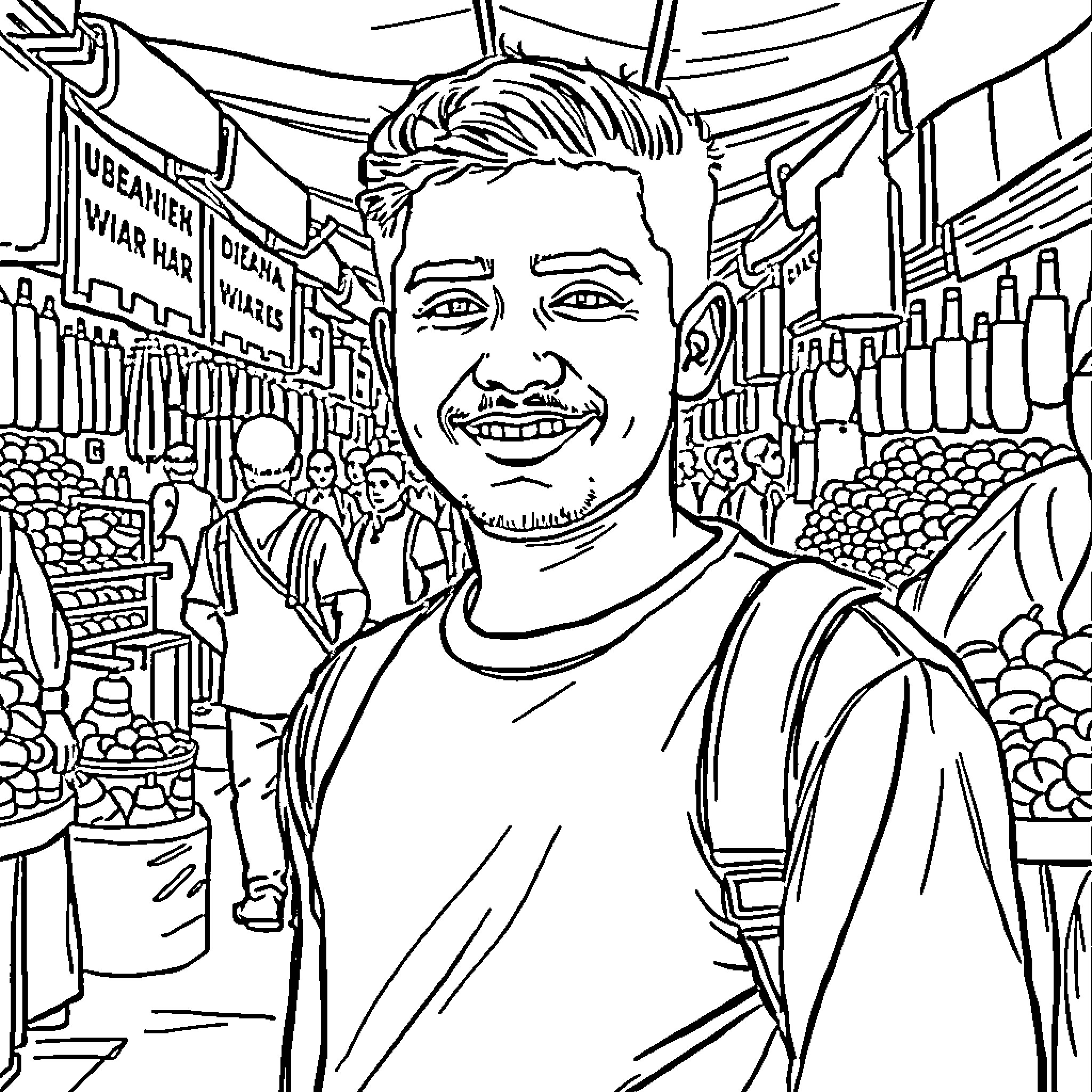Azurdin's Joyful Market Exploration Coloring Page (free black-and-white line drawing printable PDF for all, from beginners to advanced learners, including children, teens, adults, and seniors)