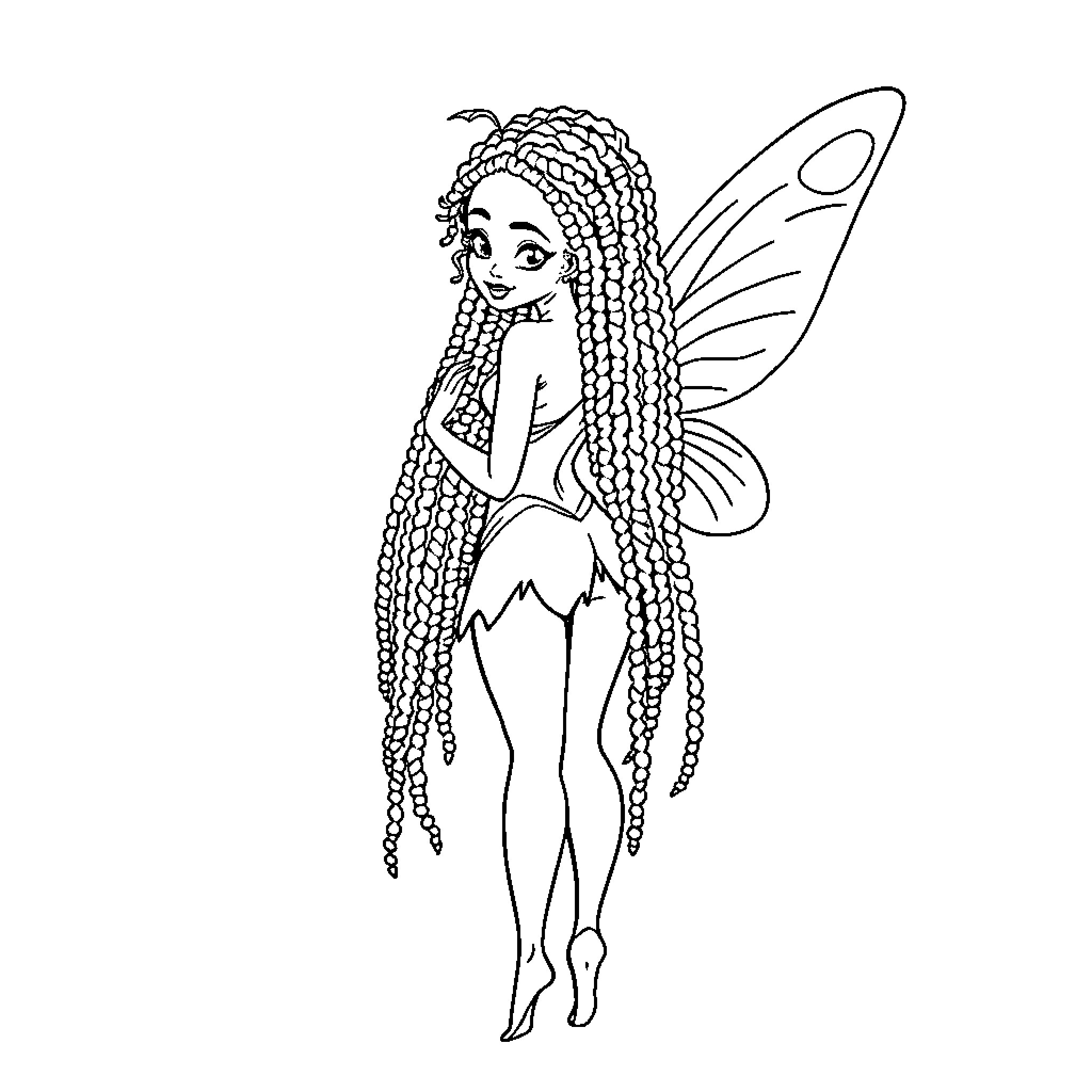Tinkerbell with braided hair and fairy wings Coloring Page (free black-and-white line drawing printable PDF for all, from beginners to advanced learners, including children, teens, adults, and seniors)