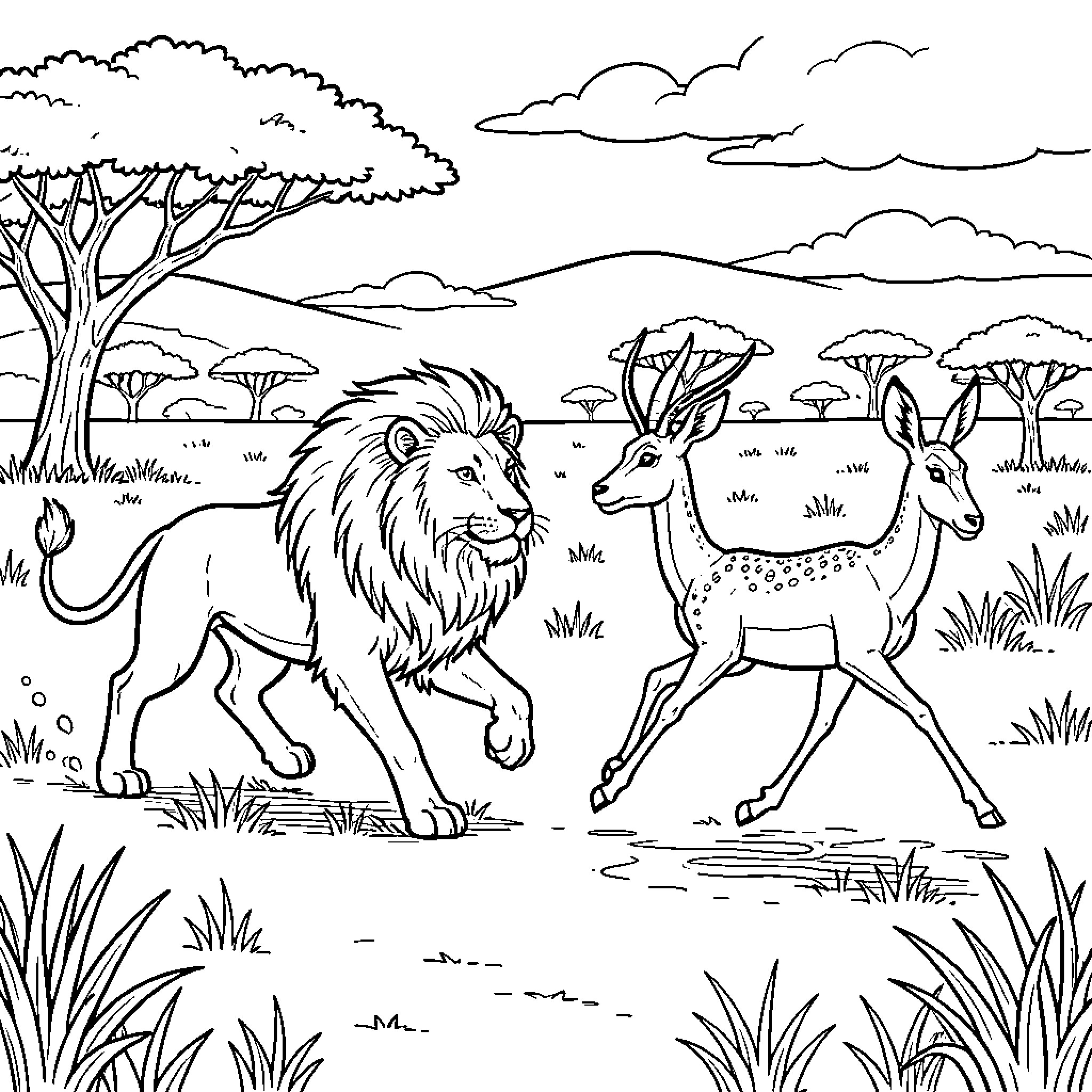 Lion chasing a deer through the African savanna Coloring Page (free black-and-white line drawing printable PDF for all, from beginners to advanced learners, including children, teens, adults, and seniors)