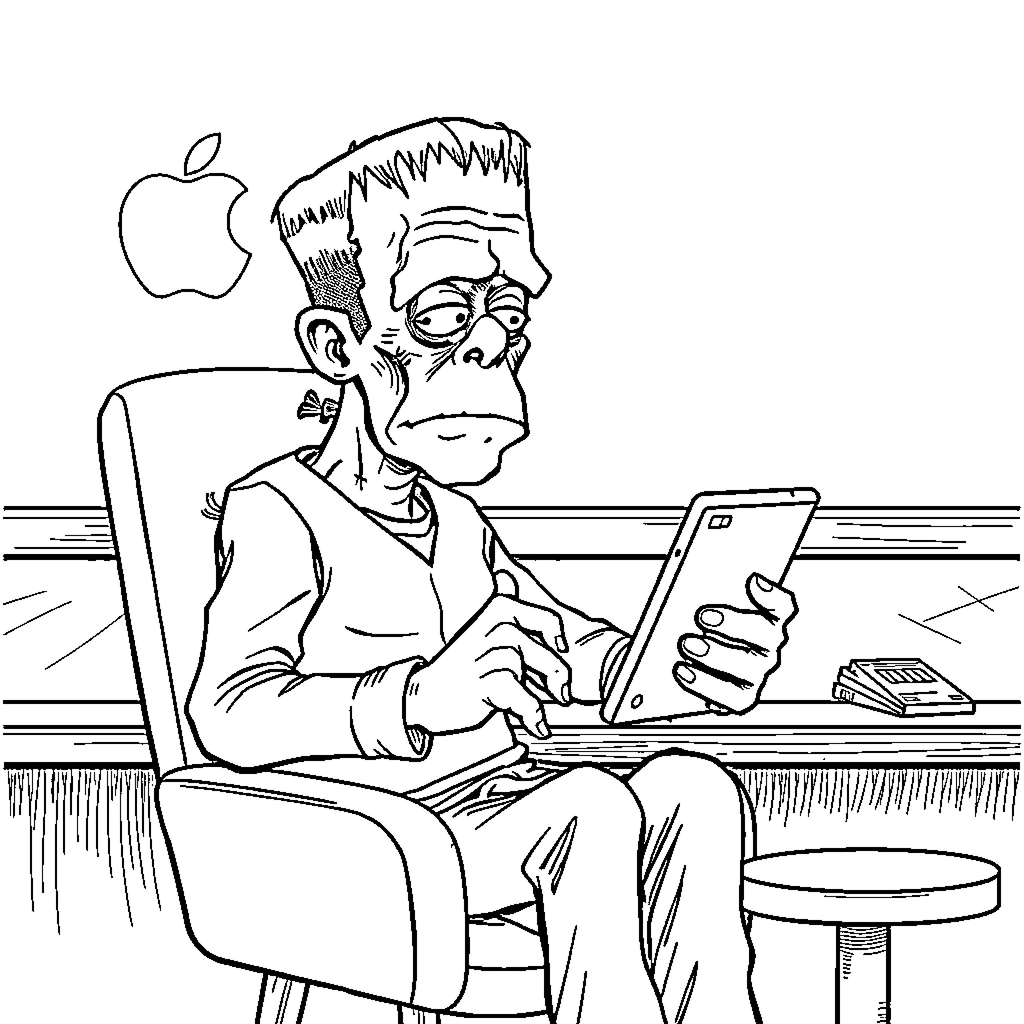 Frankenstein using a modern digital device Coloring Page (free black-and-white line drawing printable PDF for all, from beginners to advanced learners, including children, teens, adults, and seniors)