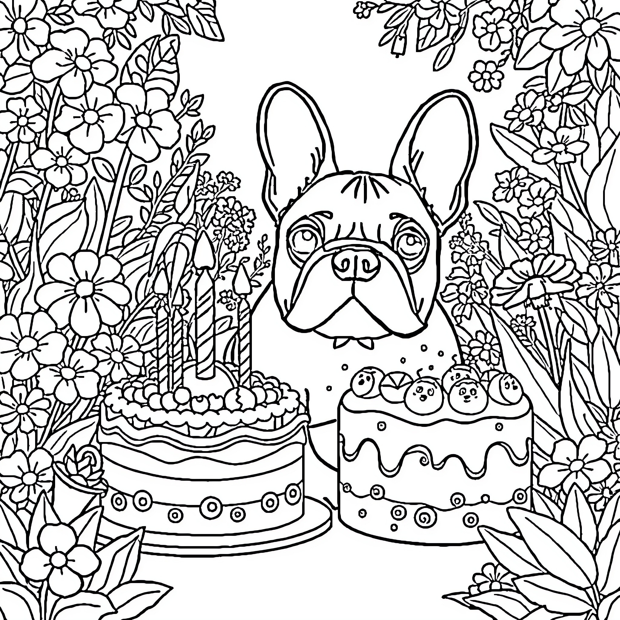 French Bulldog Celebrating with Cake and Flowers Coloring Page (free black-and-white line drawing printable PDF for all, from beginners to advanced learners, including children, teens, adults, and seniors)