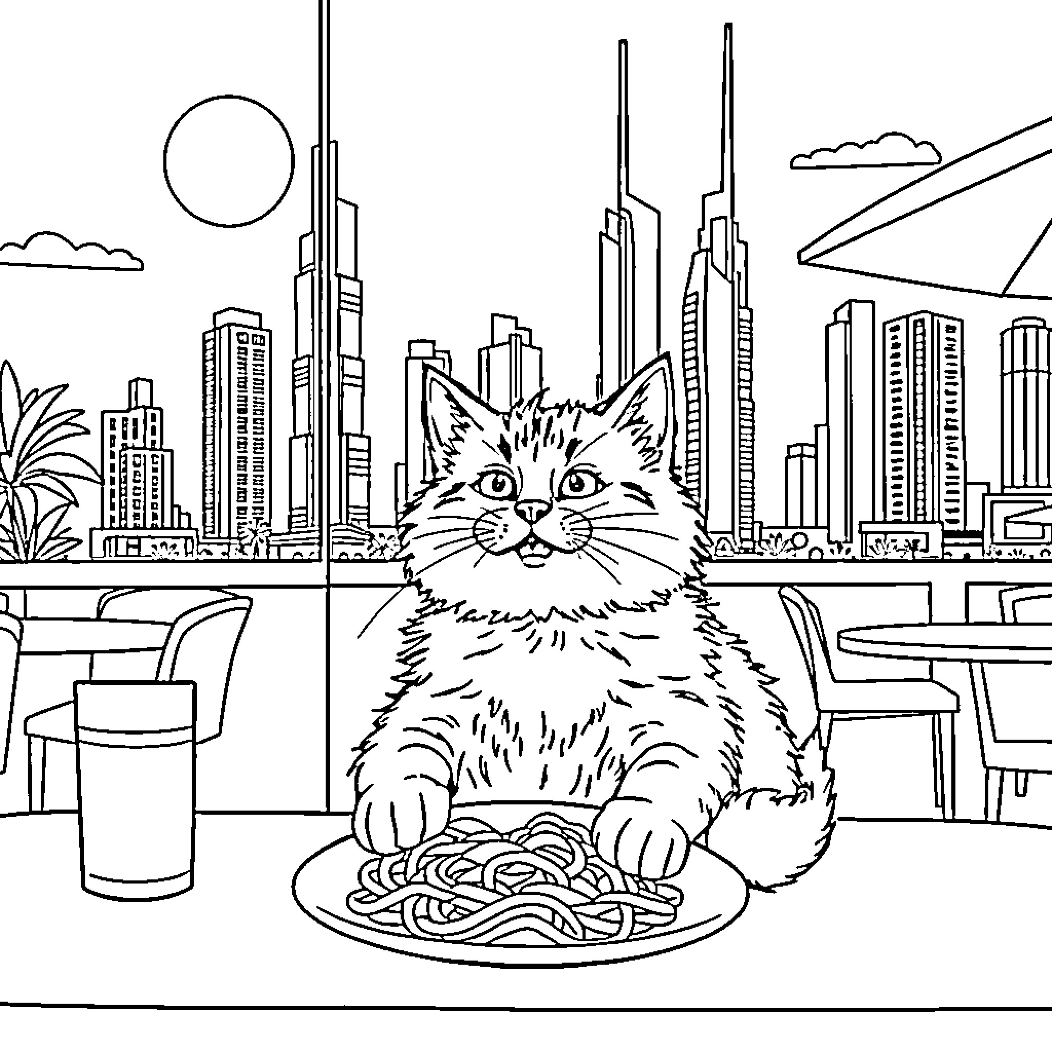 Cat enjoying spaghetti in the city Coloring Page (free black-and-white line drawing printable PDF for all, from beginners to advanced learners, including children, teens, adults, and seniors)