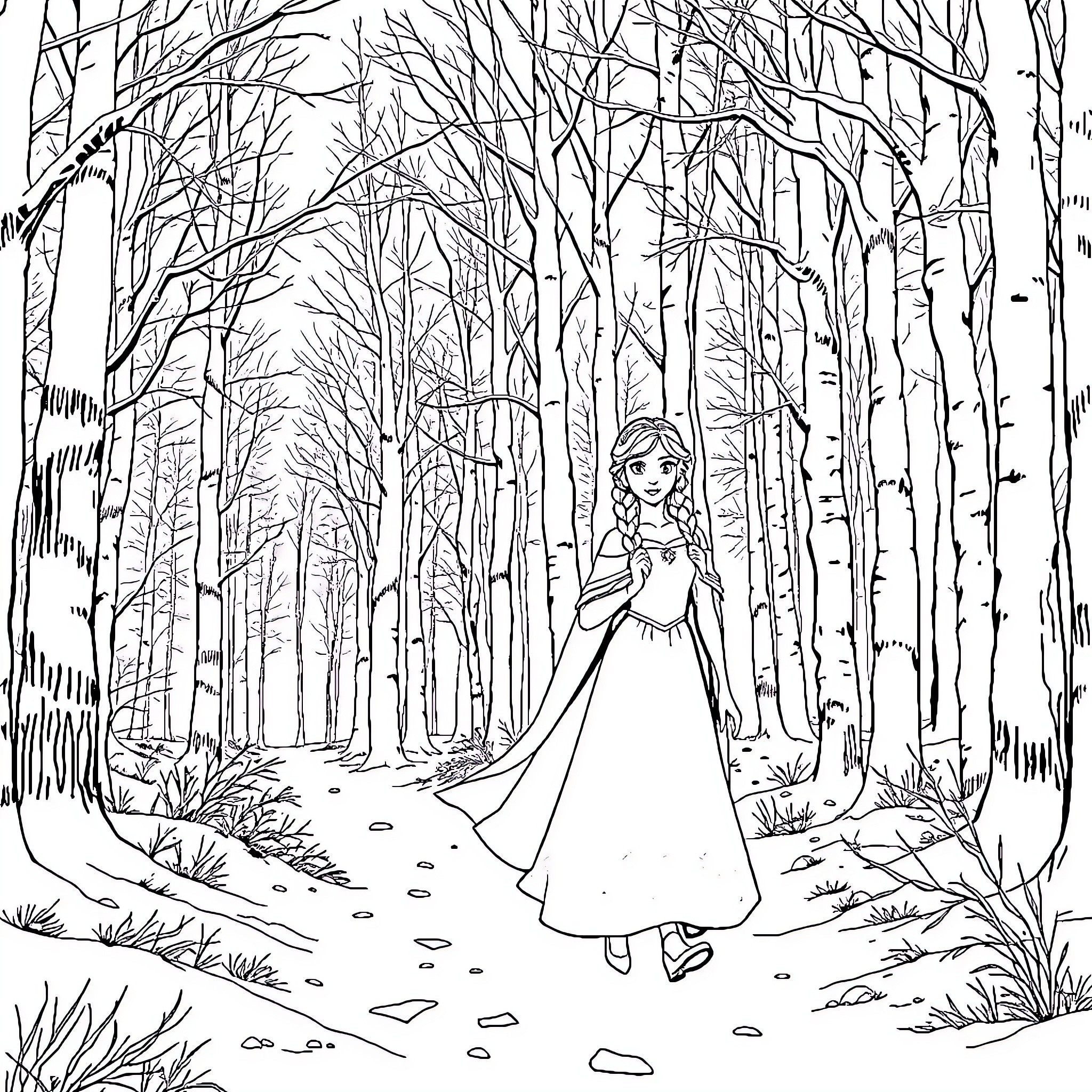 Belle walking gracefully in the enchanted forest Coloring Page (free black-and-white line drawing printable PDF for all, from beginners to advanced learners, including children, teens, adults, and seniors)
