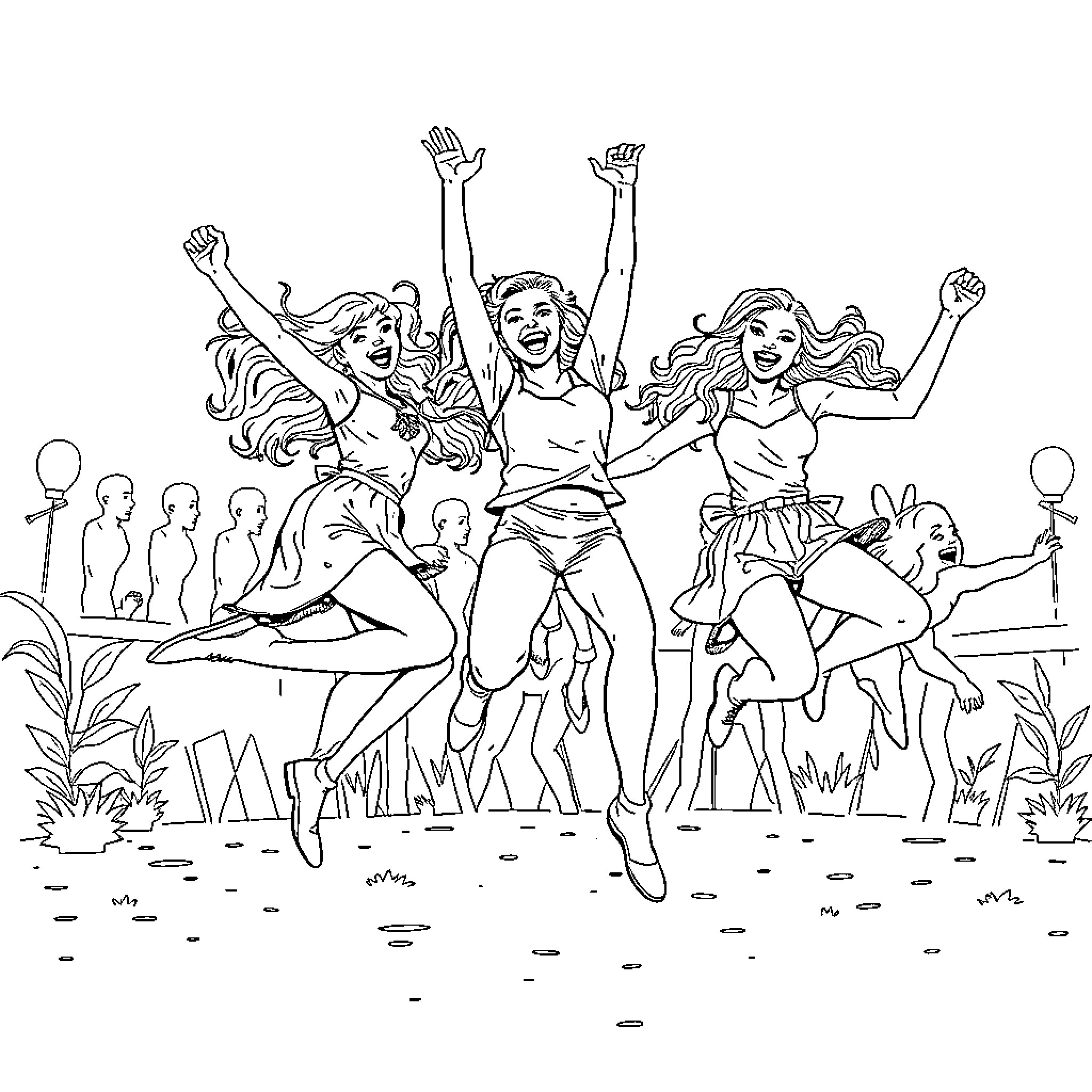 Birds celebrating joyfully in nature Coloring Page (free black-and-white line drawing printable PDF for all, from beginners to advanced learners, including children, teens, adults, and seniors)