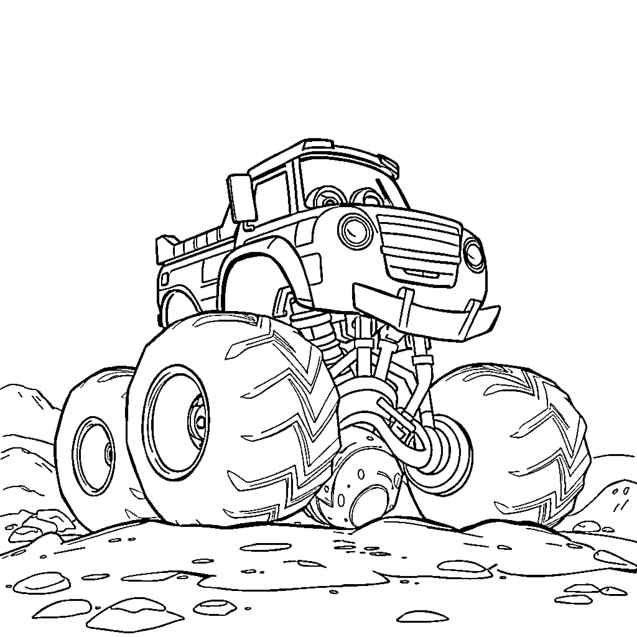 Rubble-covered Monster Truck Crushing the Ground Coloring Page (free black-and-white line drawing printable PDF for all, from beginners to advanced learners, including children, teens, adults, and seniors)