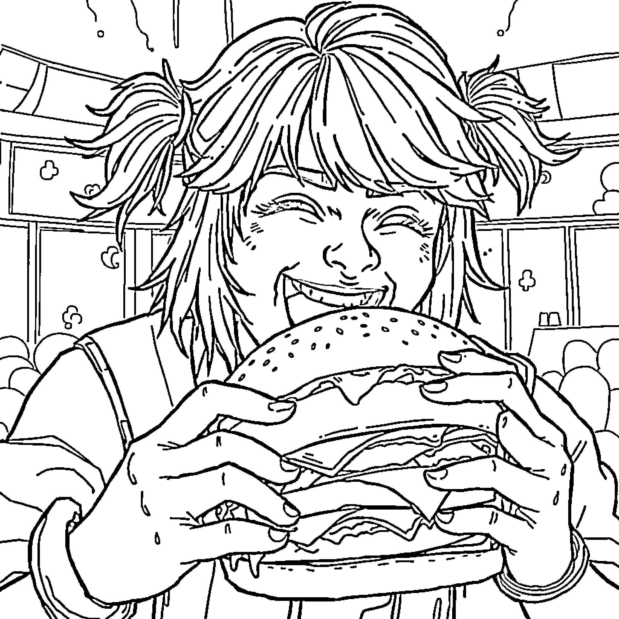 K Pop Warrior Enjoys Delicious Burger Coloring Page (free black-and-white line drawing printable PDF for all, from beginners to advanced learners, including children, teens, adults, and seniors)