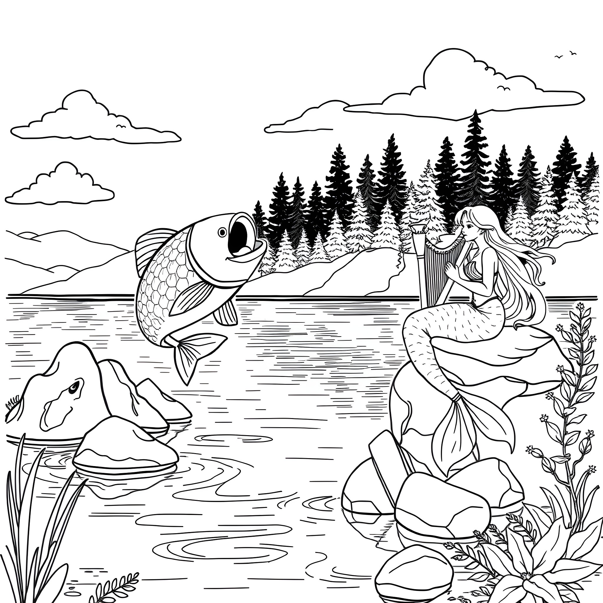 Fish Interacting with Mythical Creatures in Scenic Setting Coloring Page (free black-and-white line drawing printable PDF for all, from beginners to advanced learners, including children, teens, adults, and seniors)