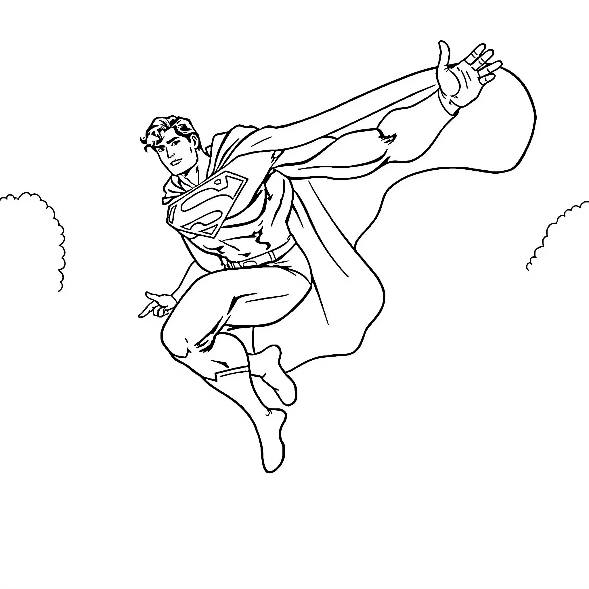 Superman flying heroically through the air Coloring Page (free black-and-white line drawing printable PDF for all, from beginners to advanced learners, including children, teens, adults, and seniors)