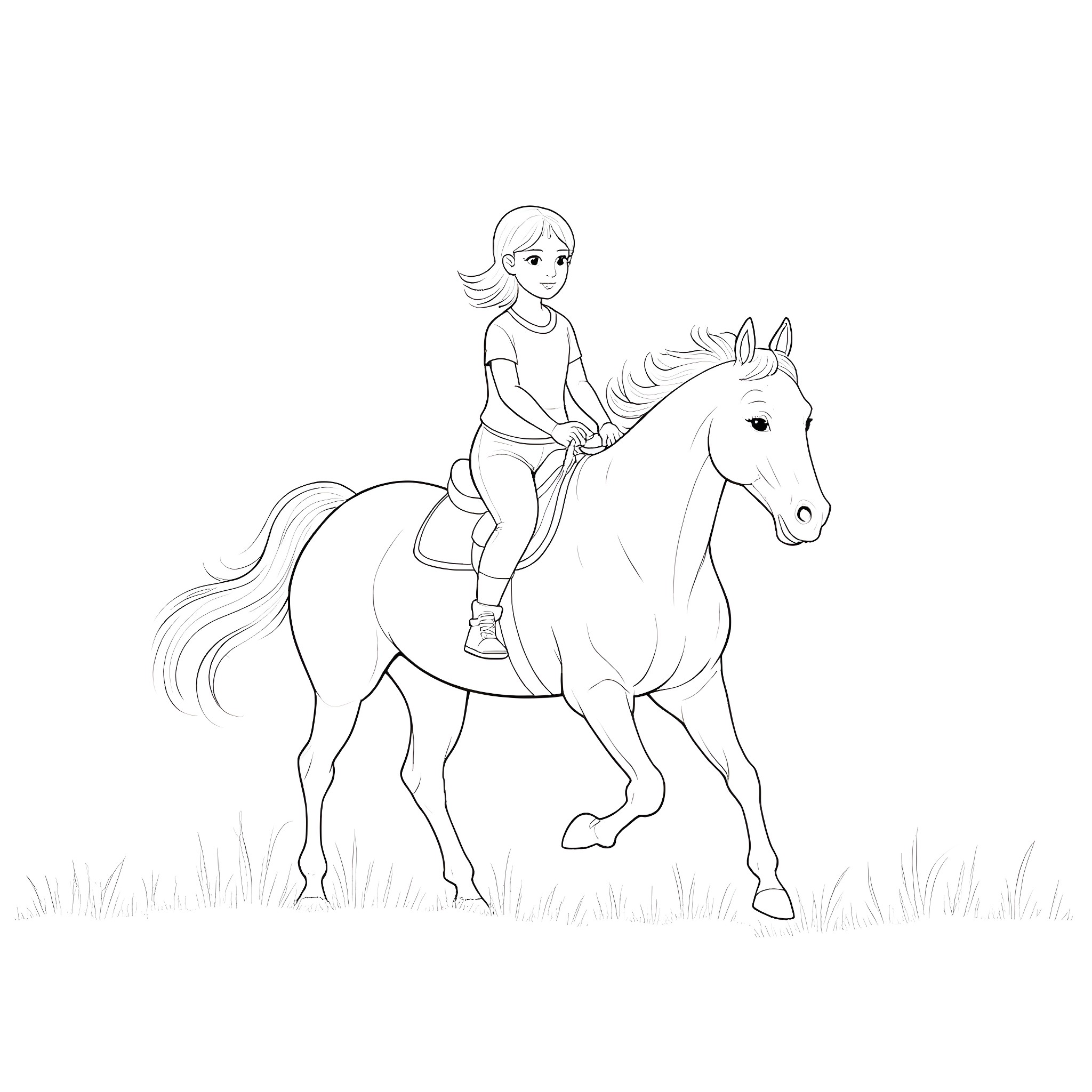 Girl riding a white horse in a field Coloring Page (free black-and-white line drawing printable PDF for all, from beginners to advanced learners, including children, teens, adults, and seniors)
