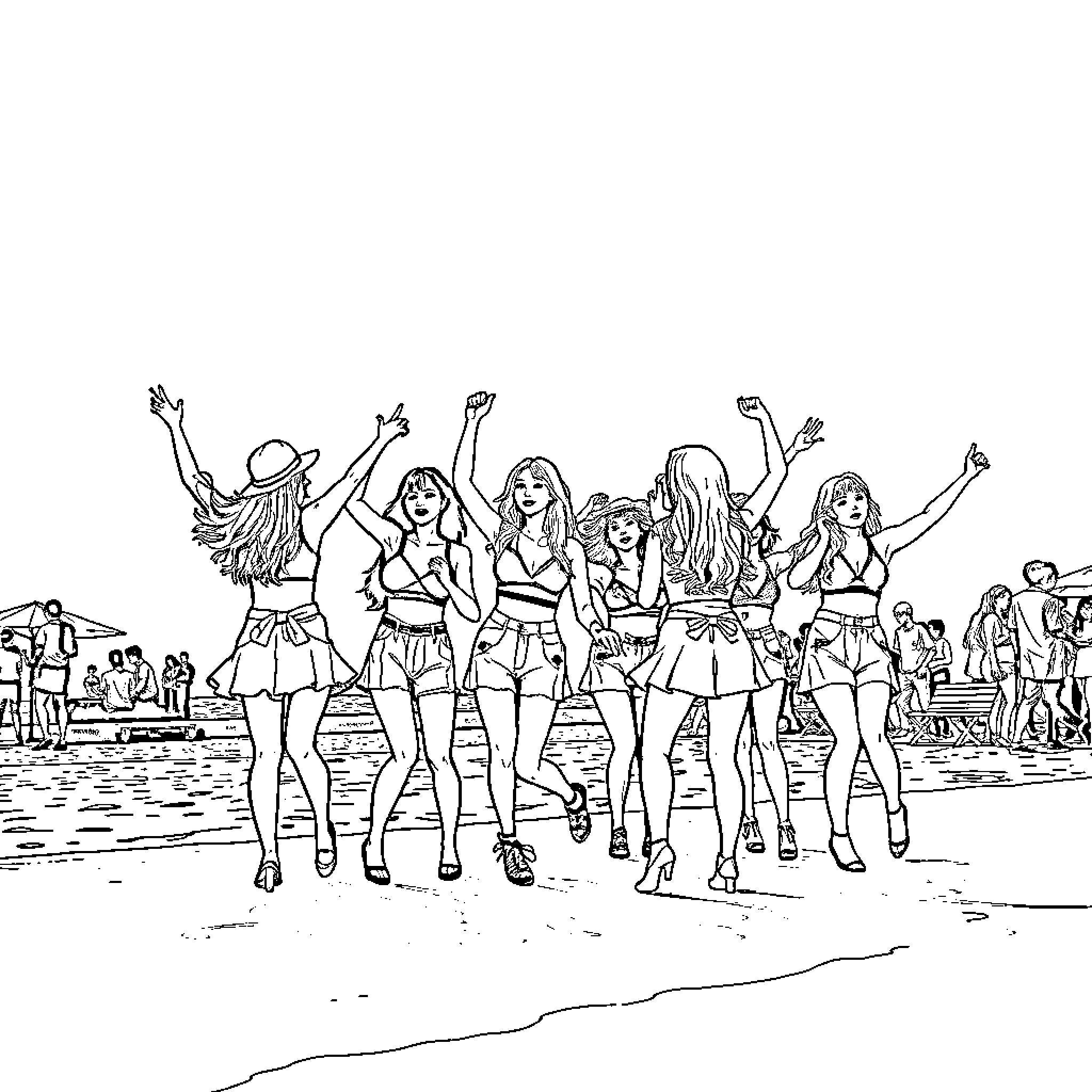 Kpop Performers Energetically Dancing on the Beach Coloring Page (free black-and-white line drawing printable PDF for all, from beginners to advanced learners, including children, teens, adults, and seniors)