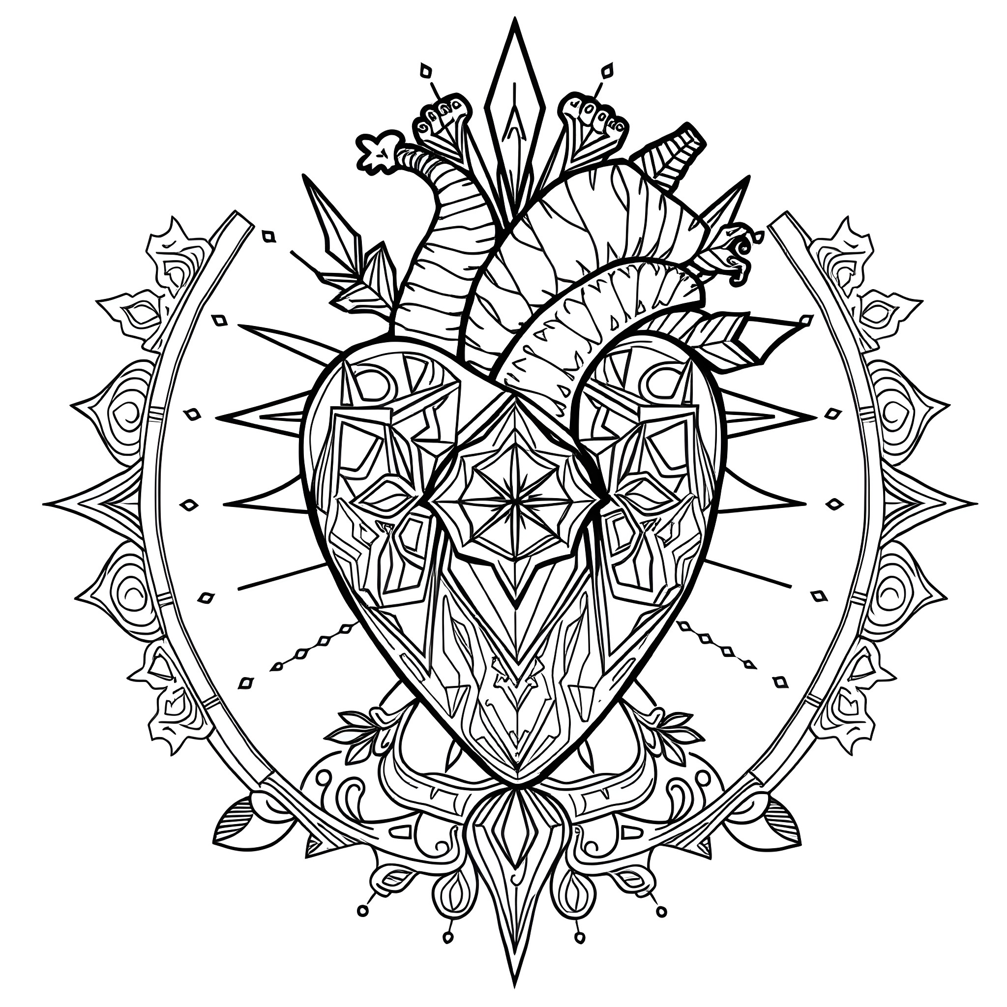 Electra Heart - Ornate geometric heart with floral elements Coloring Page (free black-and-white line drawing printable PDF for all, from beginners to advanced learners, including children, teens, adults, and seniors)