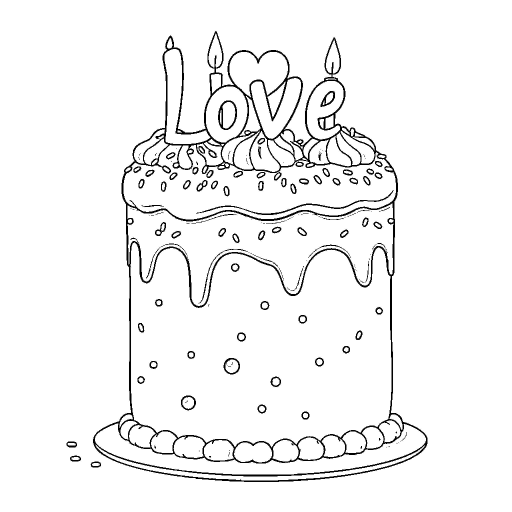 Cake decorated with love and hearts Coloring Page (free black-and-white line drawing printable PDF for all, from beginners to advanced learners, including children, teens, adults, and seniors)