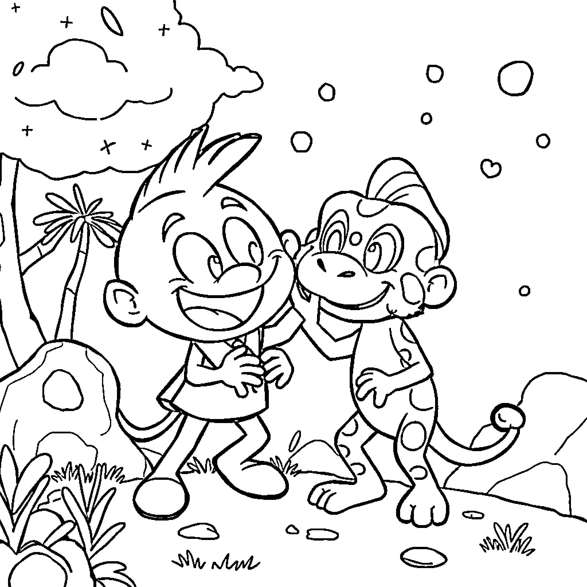 Gumball characters explore outdoors with nature Coloring Page (free black-and-white line drawing printable PDF for all, from beginners to advanced learners, including children, teens, adults, and seniors)