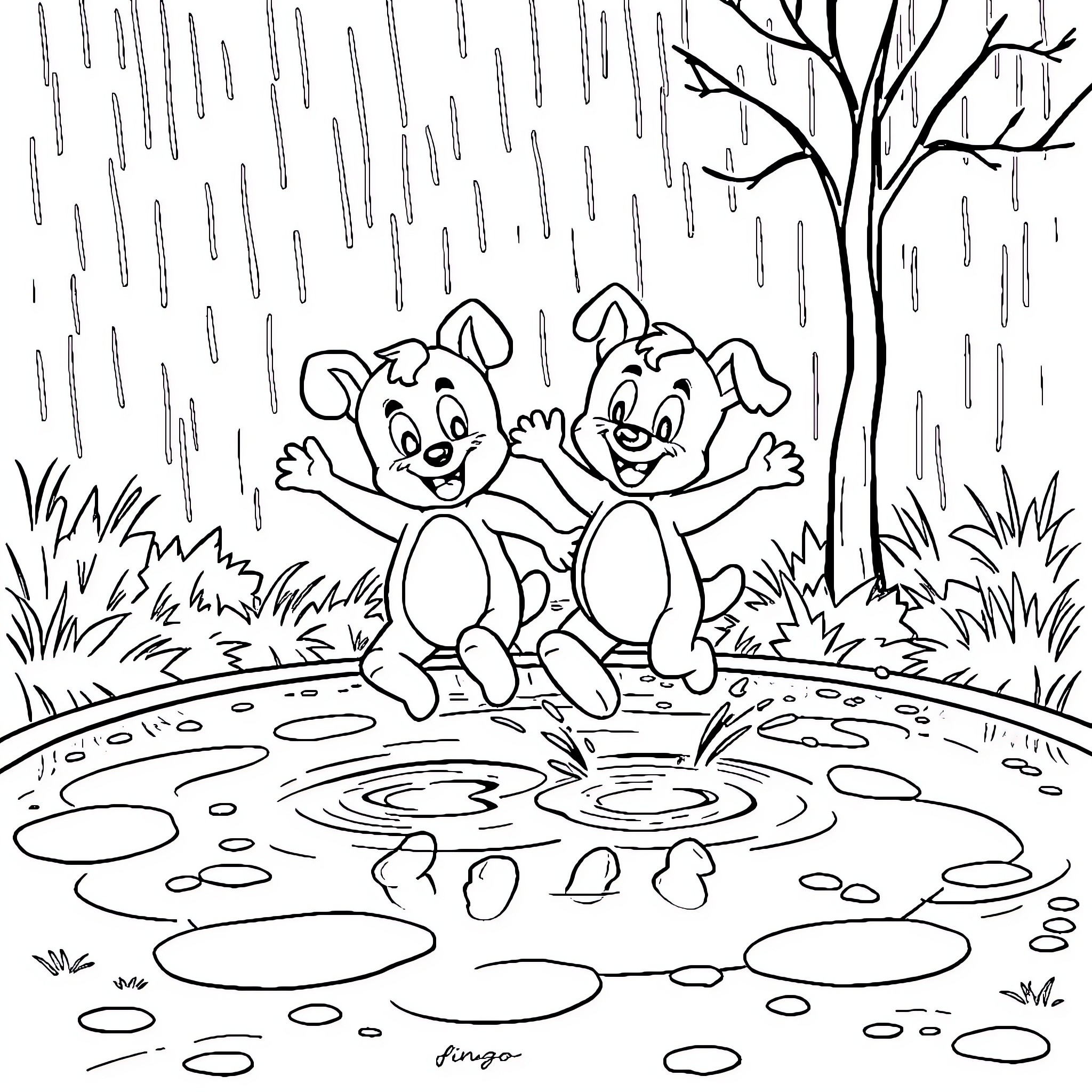 Bluey bunnies splash in rainy puddles Coloring Page (free black-and-white line drawing printable PDF for all, from beginners to advanced learners, including children, teens, adults, and seniors)