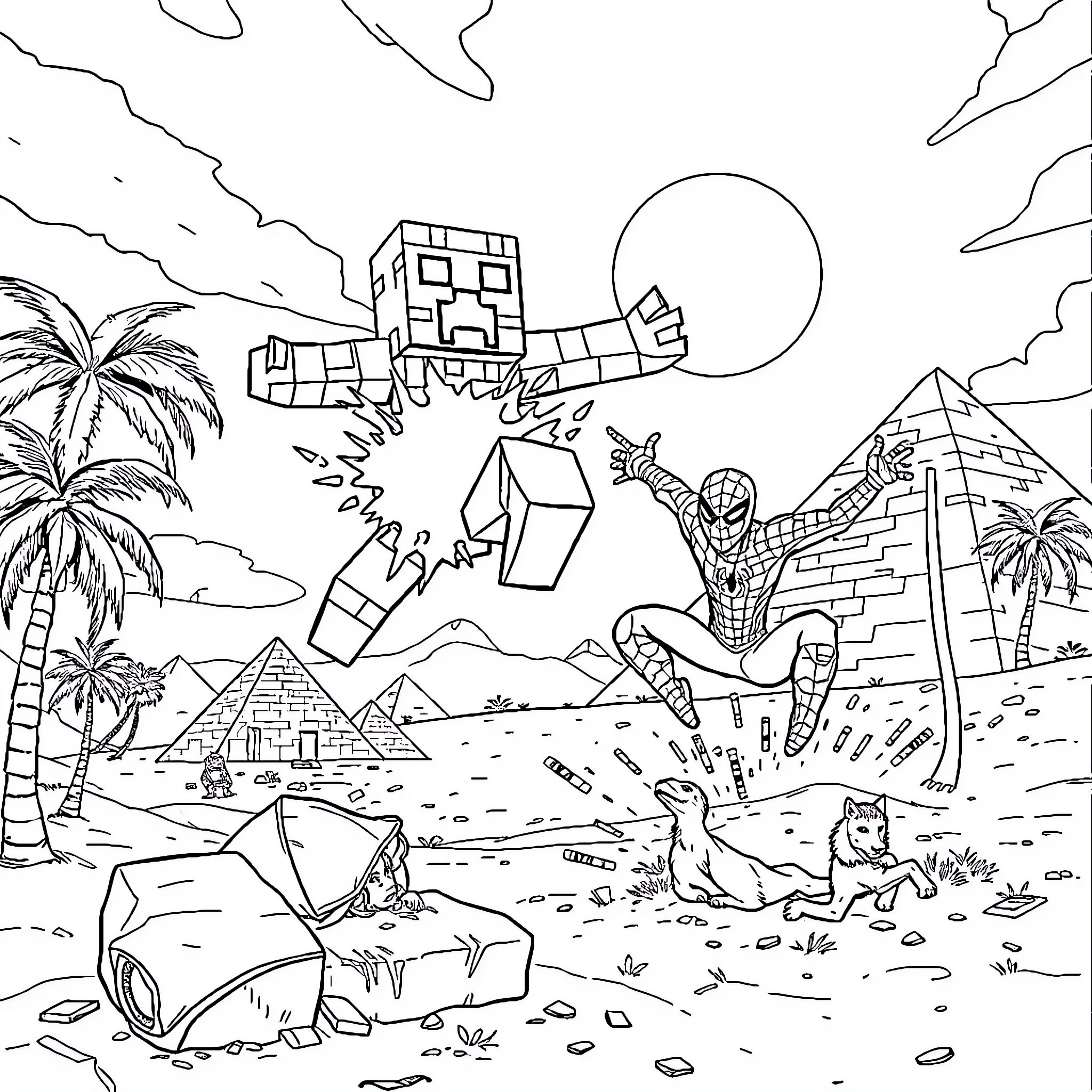 Creeper encounter in the desert with Spiderman Coloring Page (free black-and-white line drawing printable PDF for all, from beginners to advanced learners, including children, teens, adults, and seniors)