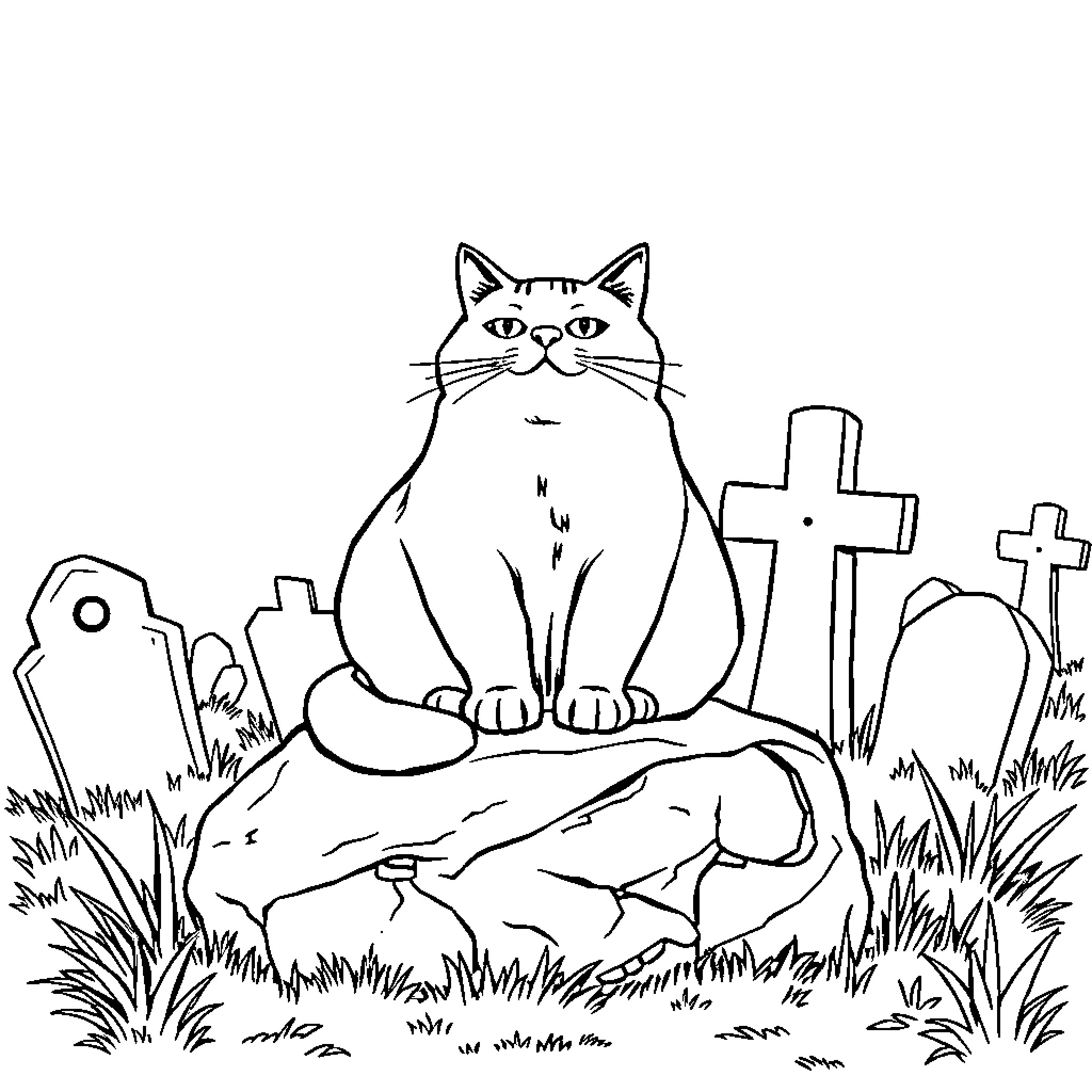 Cat sitting by gravestones in a spooky graveyard Coloring Page (free black-and-white line drawing printable PDF for all, from beginners to advanced learners, including children, teens, adults, and seniors)