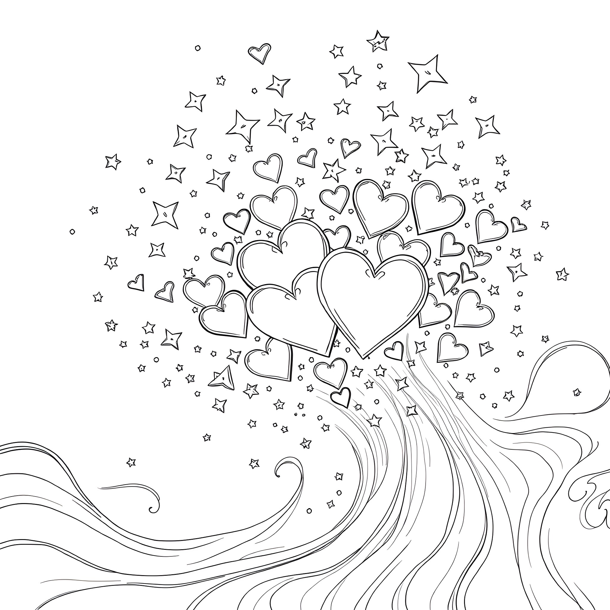 Heart-shaped Balloons Floating in the Air Coloring Page (free black-and-white line drawing printable PDF for all, from beginners to advanced learners, including children, teens, adults, and seniors)