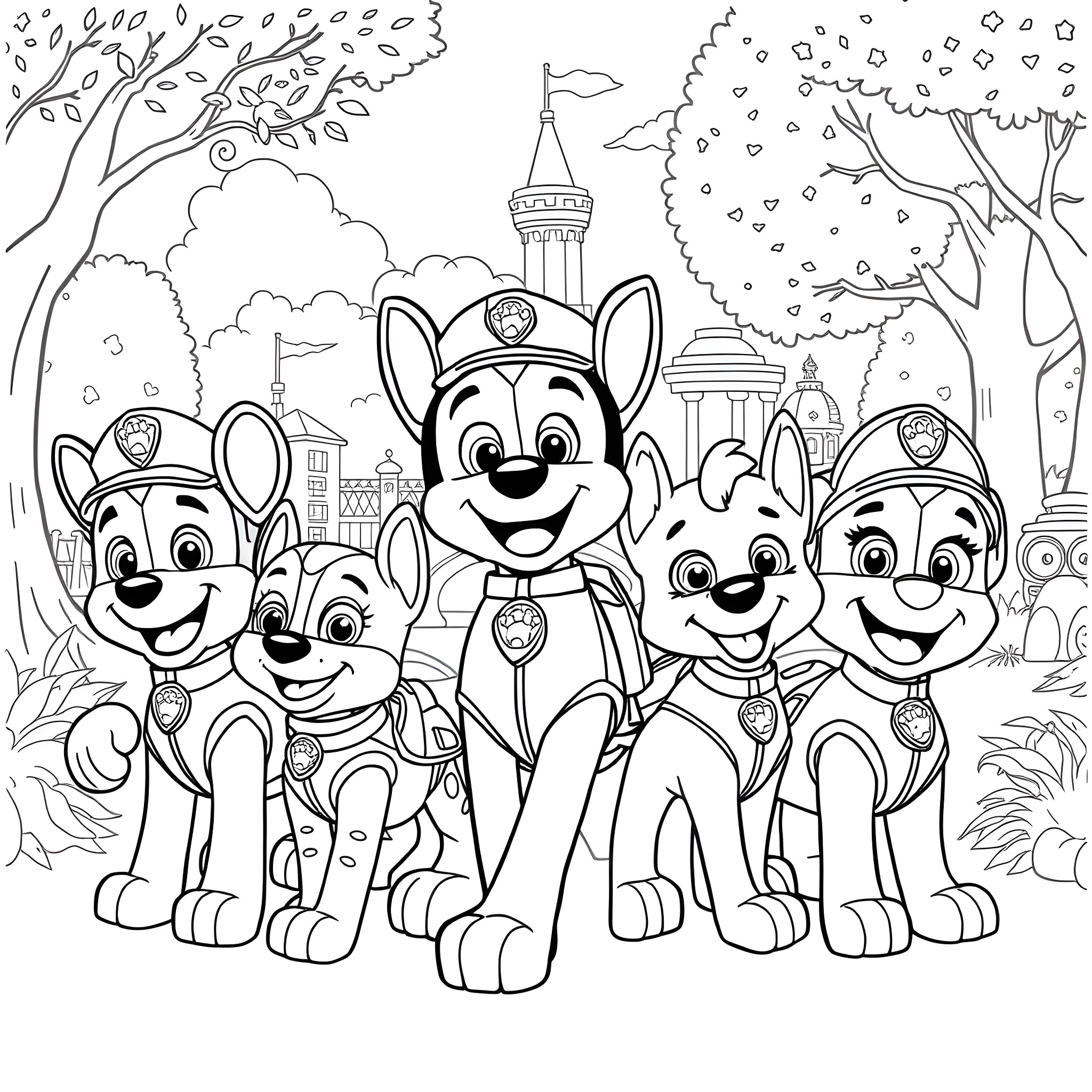 Paw Patrol Pups on a Fun Adventure Coloring Page (free black-and-white line drawing printable PDF for all, from beginners to advanced learners, including children, teens, adults, and seniors)