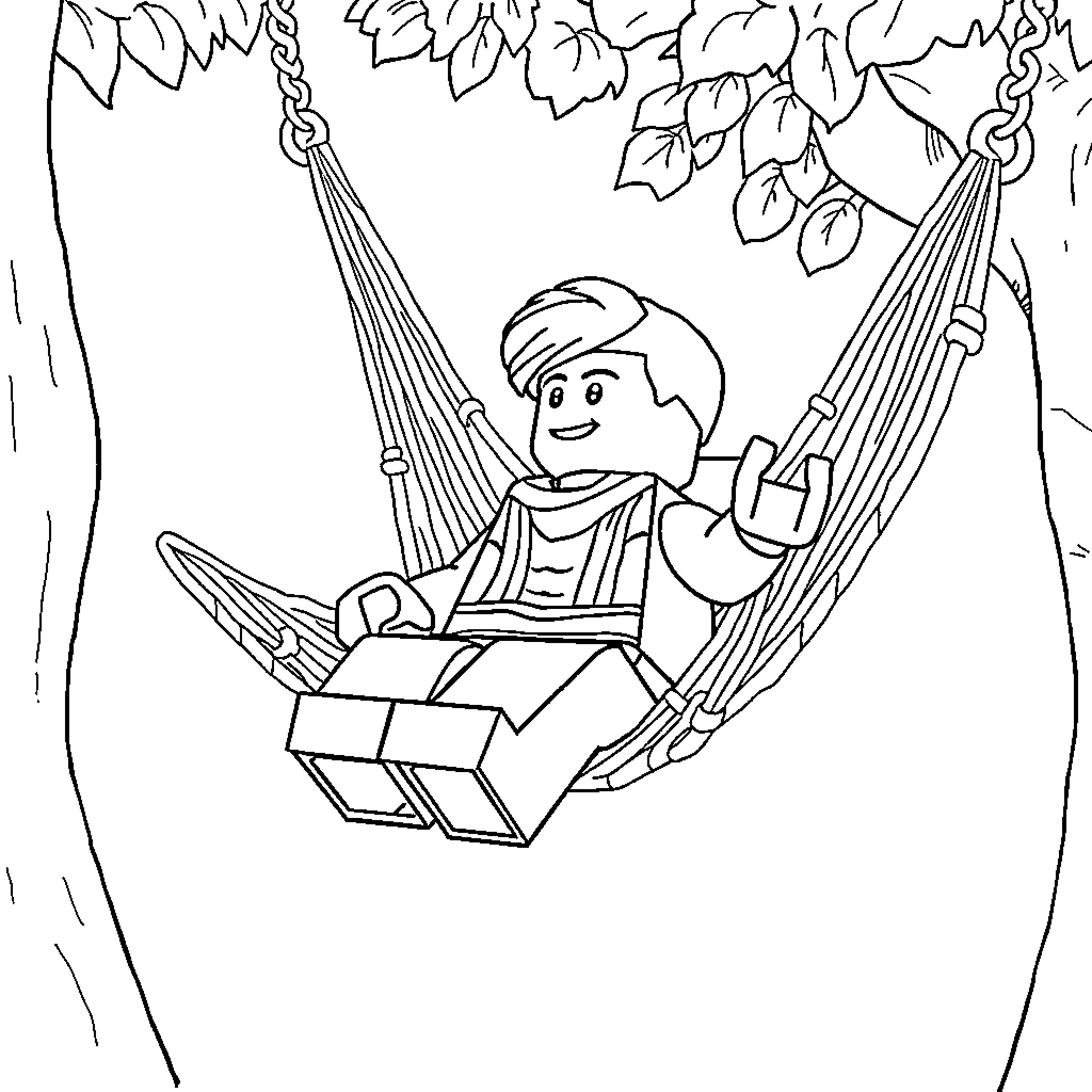 LEGO Figure relaxing in a hammock outdoors Coloring Page (free black-and-white line drawing printable PDF for all, from beginners to advanced learners, including children, teens, adults, and seniors)