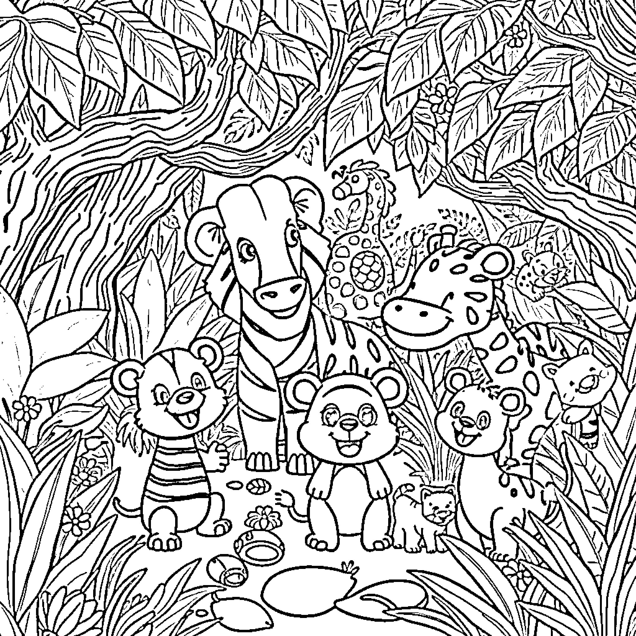 Animal friends in the jungle Coloring Page (free black-and-white line drawing printable PDF for all, from beginners to advanced learners, including children, teens, adults, and seniors)