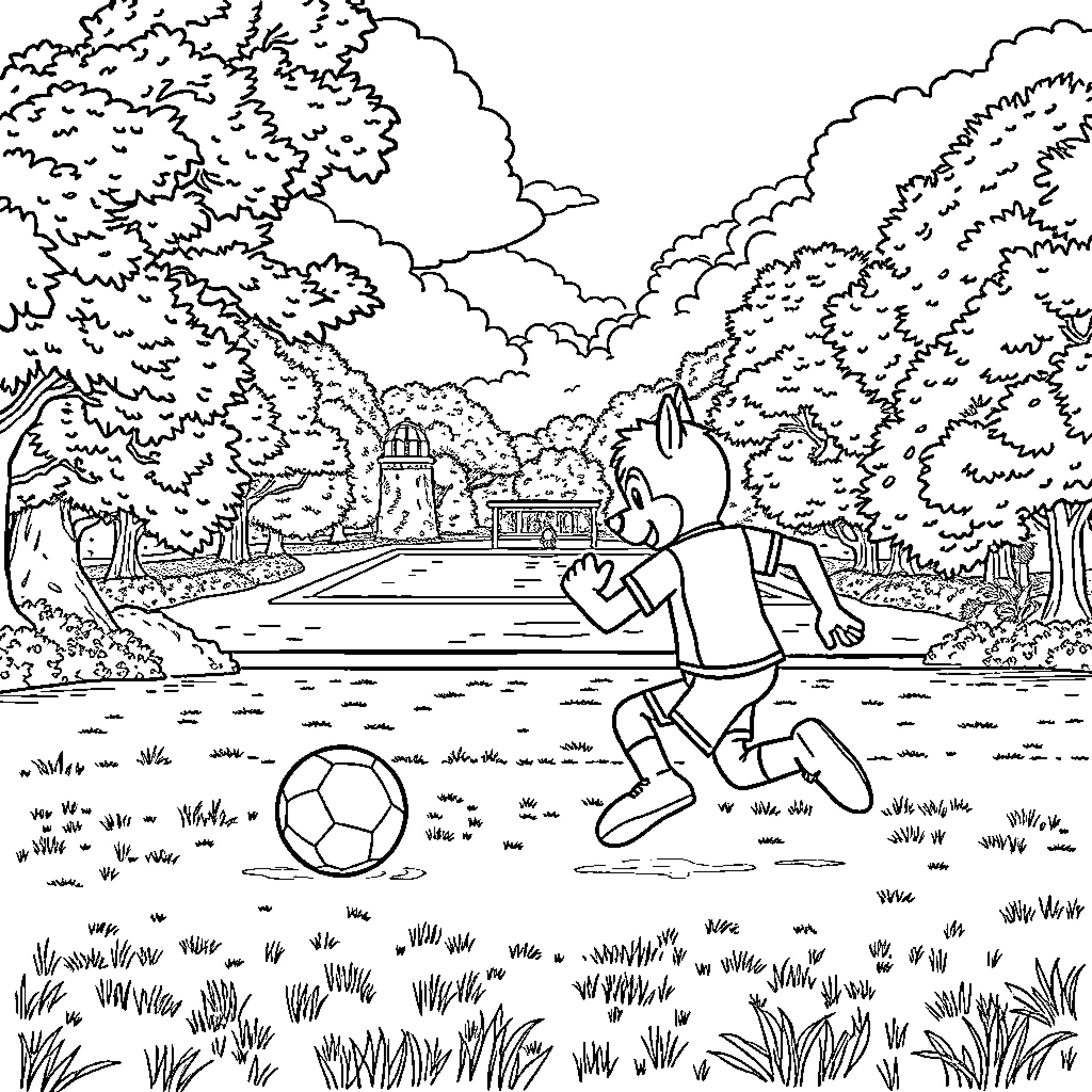 Chase through the park with soccer ball Coloring Page (free black-and-white line drawing printable PDF for all, from beginners to advanced learners, including children, teens, adults, and seniors)