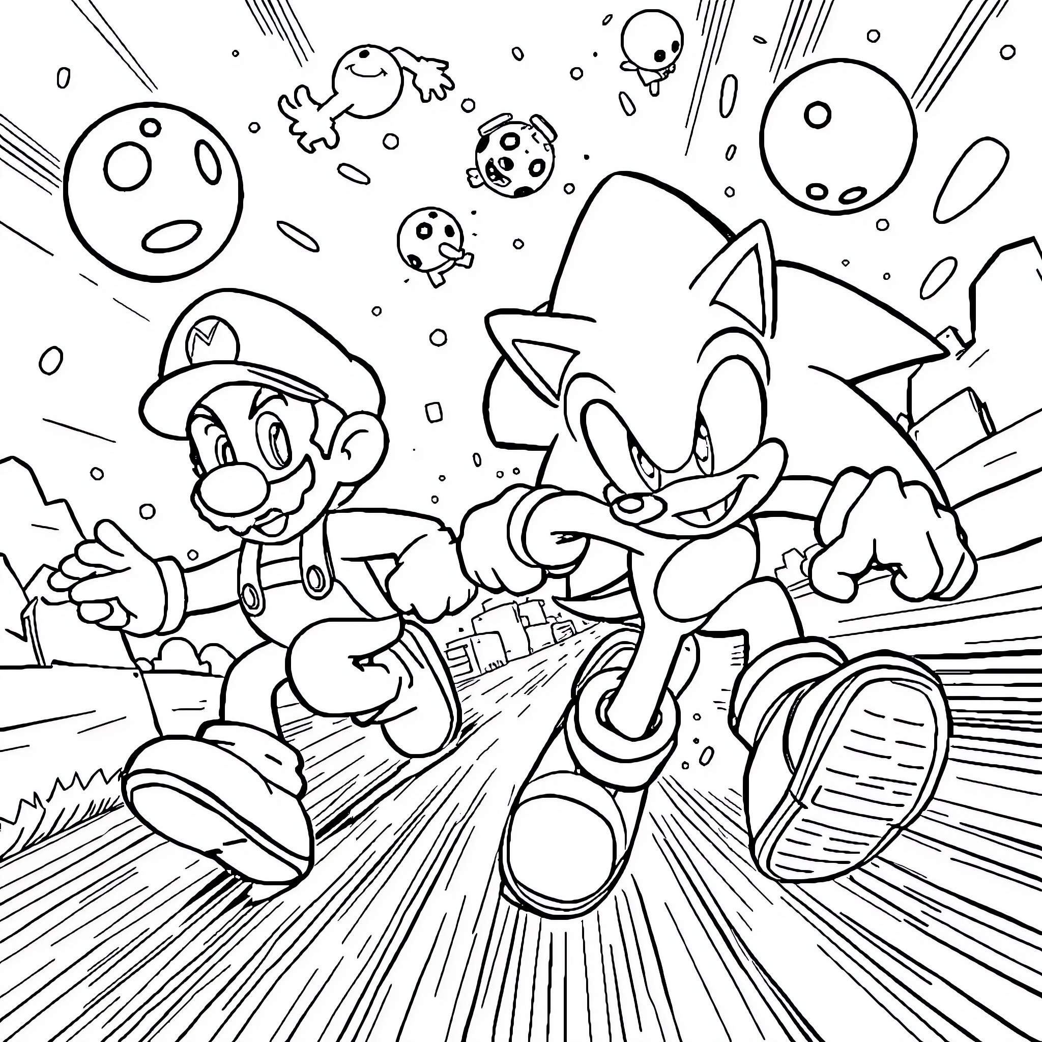 Sonic vs Mario: Epic Showdown in Retro Cartoon Style Coloring Page (free black-and-white line drawing printable PDF for all, from beginners to advanced learners, including children, teens, adults, and seniors)