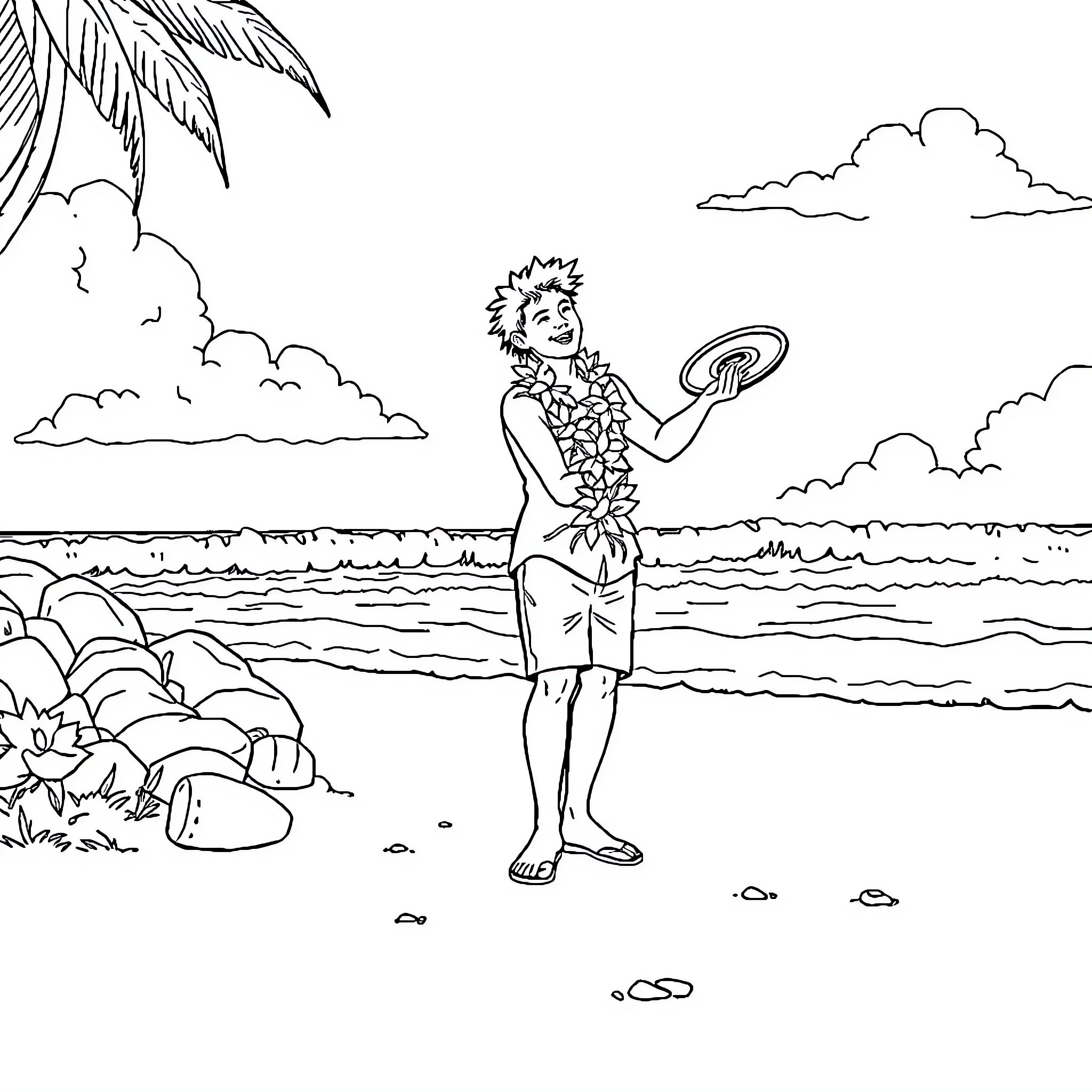 Hawaiian beach scene with person in lei Coloring Page (free black-and-white line drawing printable PDF for all, from beginners to advanced learners, including children, teens, adults, and seniors)