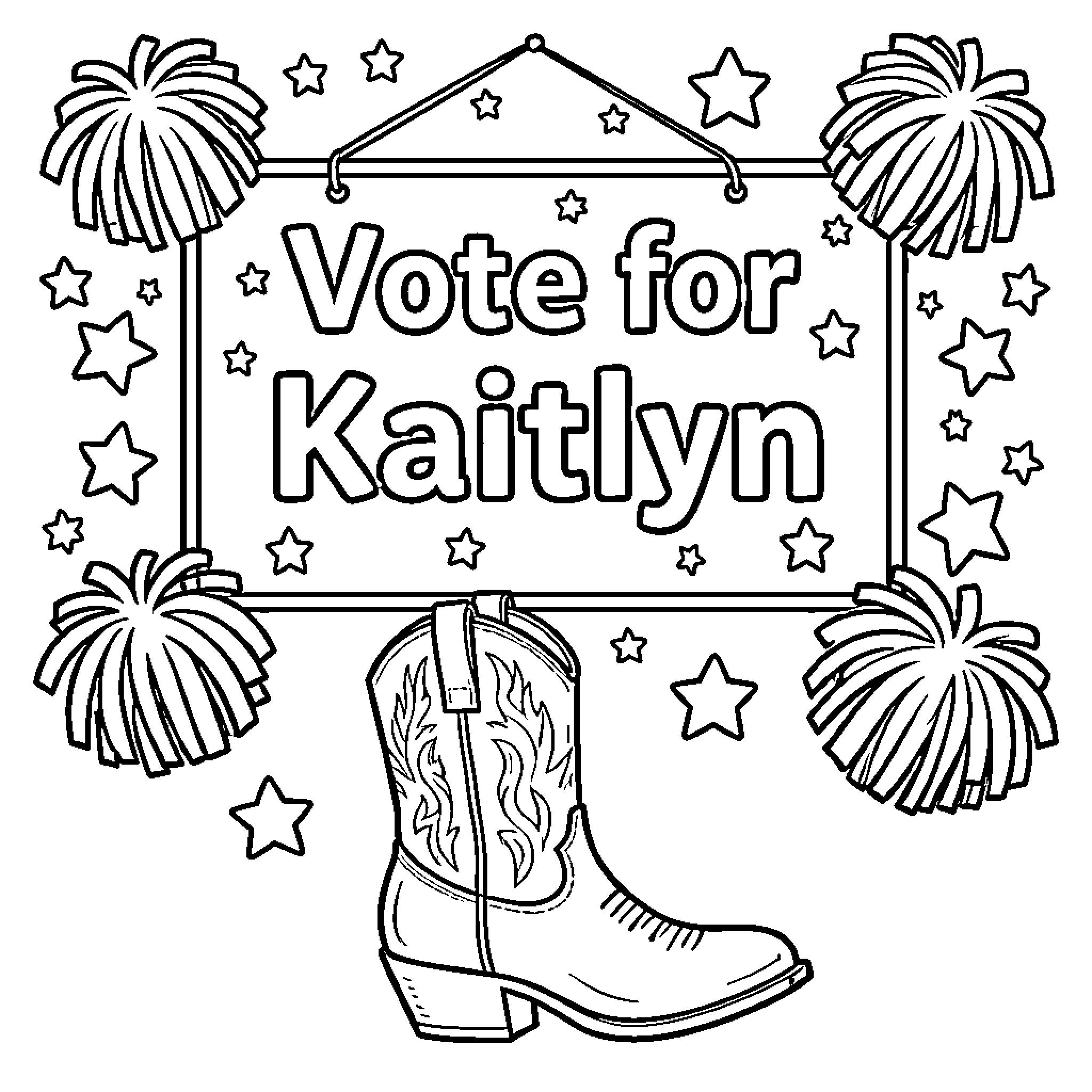 Kaitlyn's Vote Campaign with Cheer Pom-Poms and Cowboy Boot Coloring Page (free black-and-white line drawing printable PDF for all, from beginners to advanced learners, including children, teens, adults, and seniors)