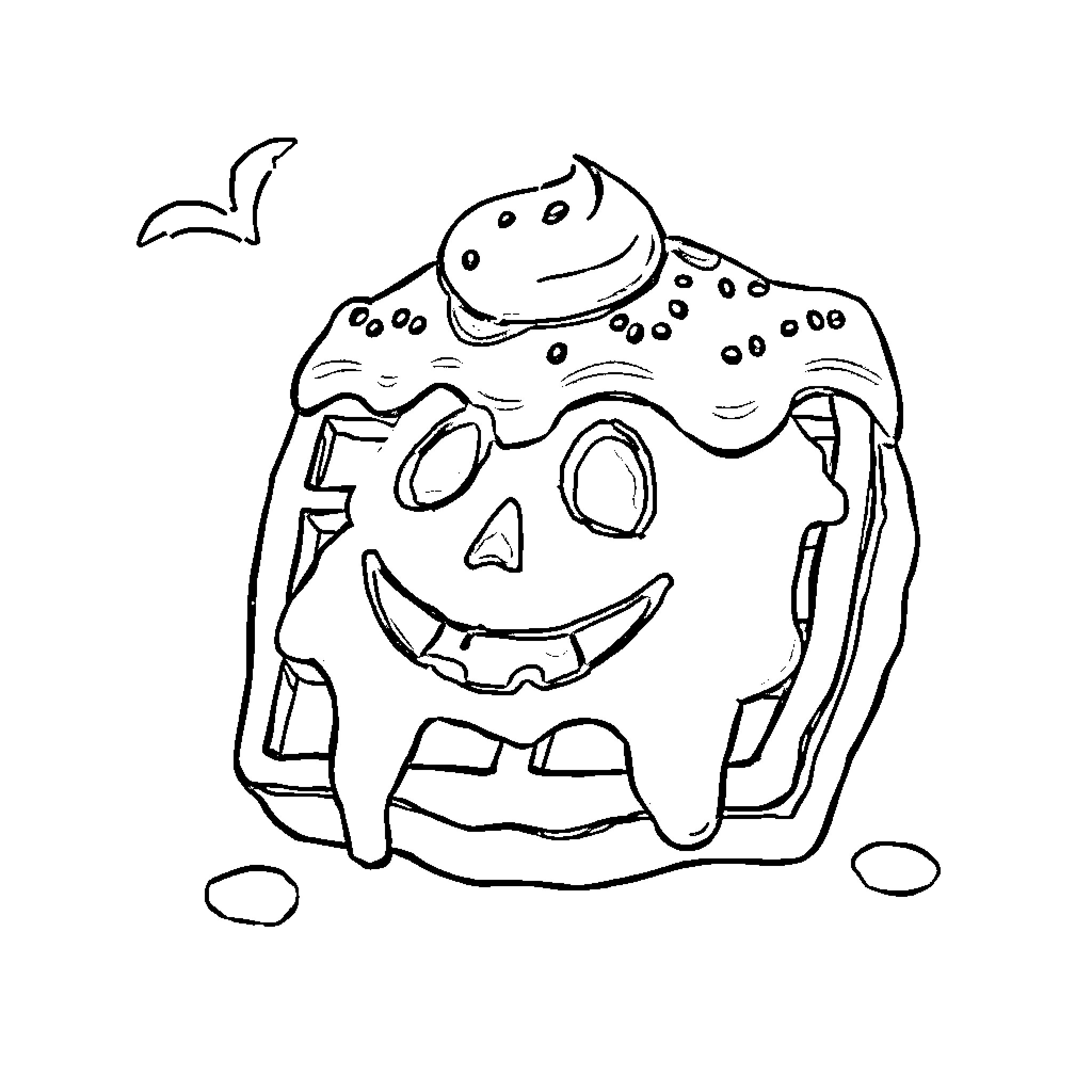 Waffle-shaped Halloween pumpkin with a smiling face Coloring Page (free black-and-white line drawing printable PDF for all, from beginners to advanced learners, including children, teens, adults, and seniors)