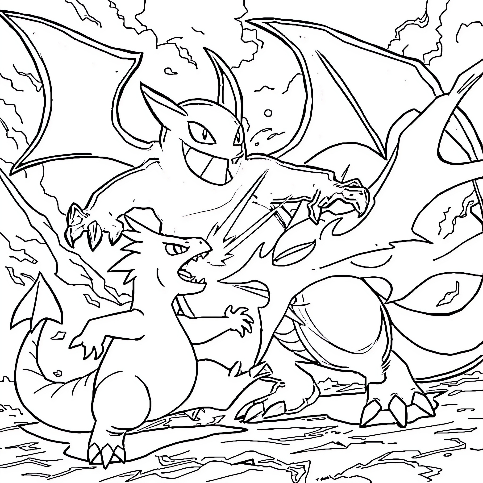 Gengar confronting fearsome dragon-like creatures Coloring Page (free black-and-white line drawing printable PDF for all, from beginners to advanced learners, including children, teens, adults, and seniors)