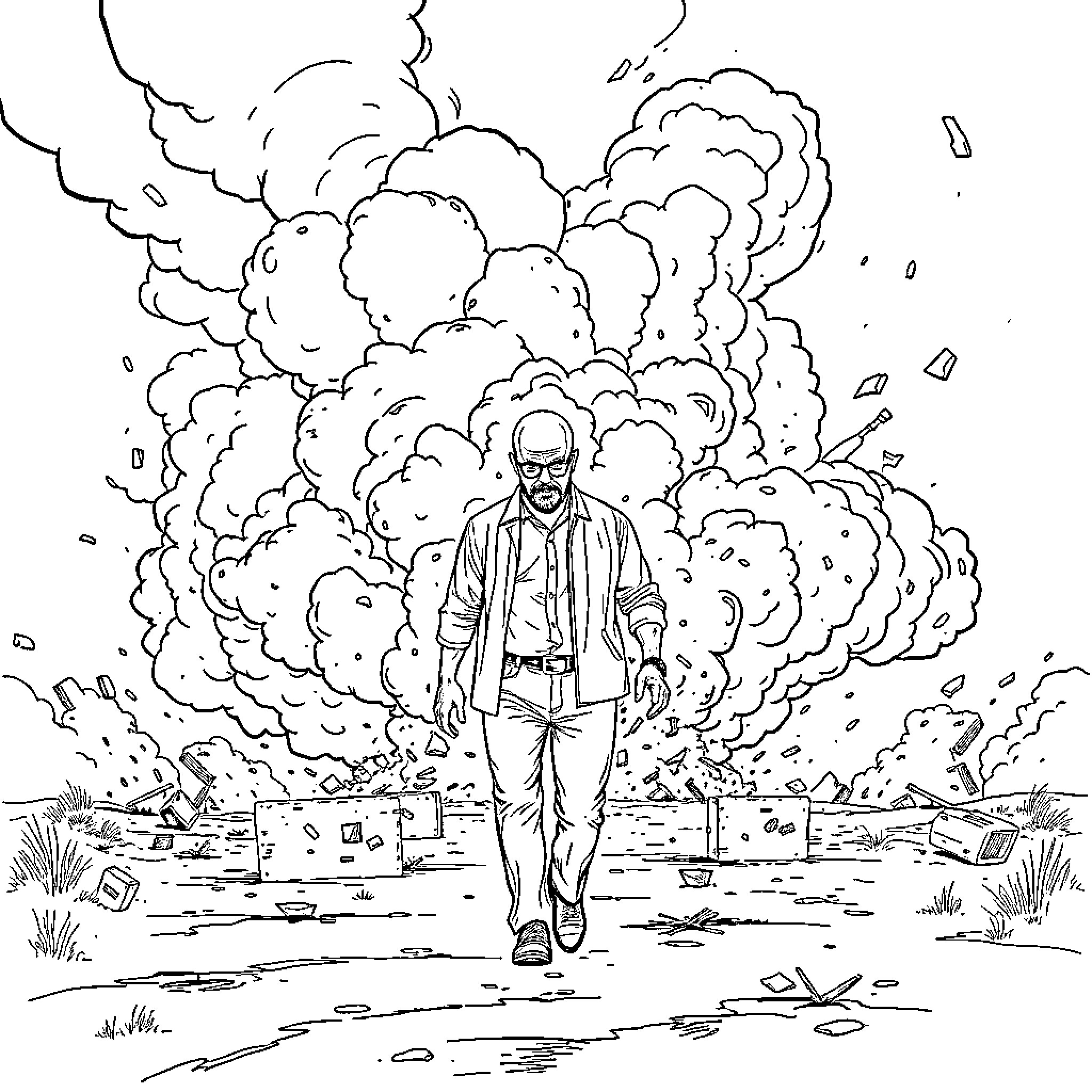 Walter White in the midst of a fiery explosion Coloring Page (free black-and-white line drawing printable PDF for all, from beginners to advanced learners, including children, teens, adults, and seniors)