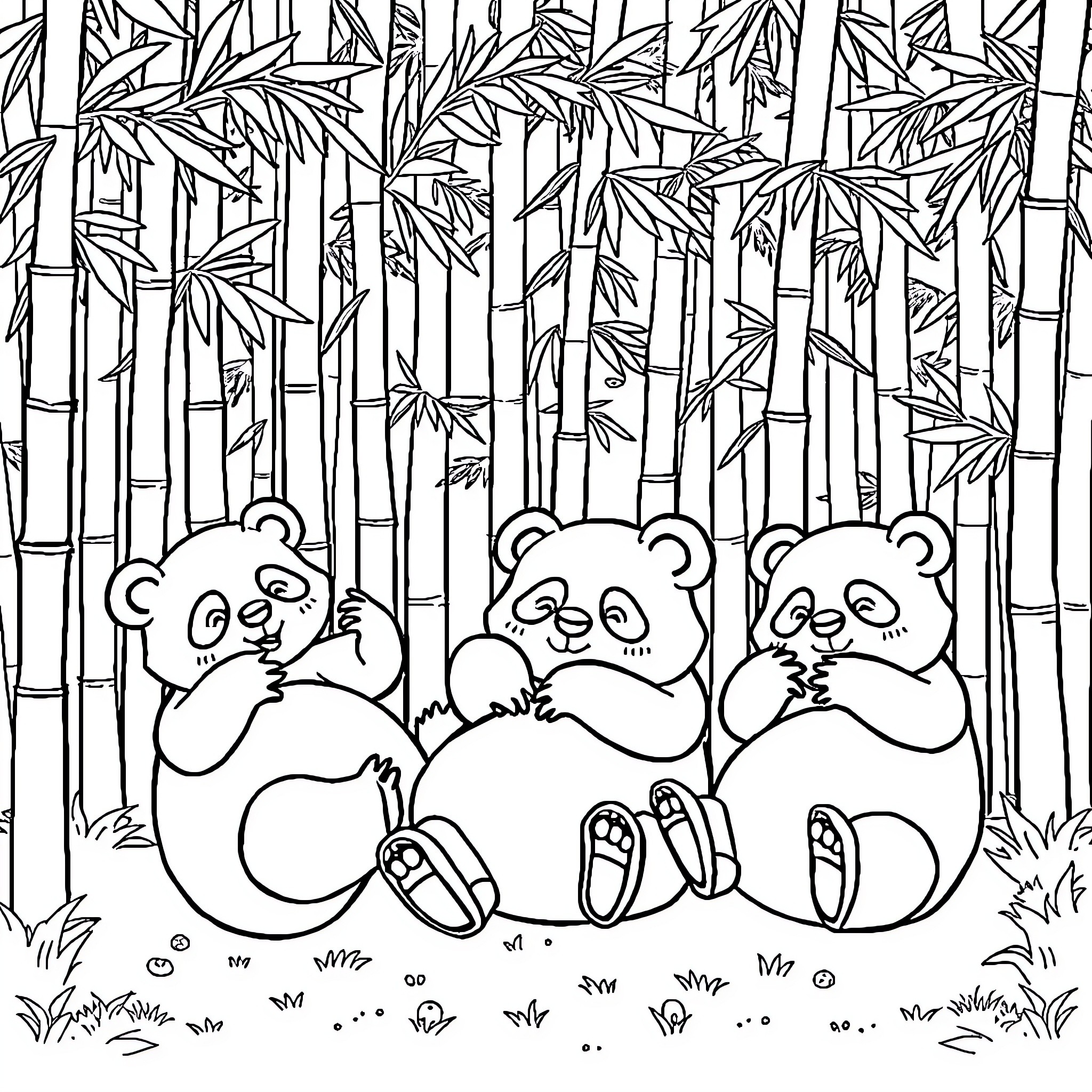 Panda bears resting in a bamboo forest Coloring Page (free black-and-white line drawing printable PDF for all, from beginners to advanced learners, including children, teens, adults, and seniors)