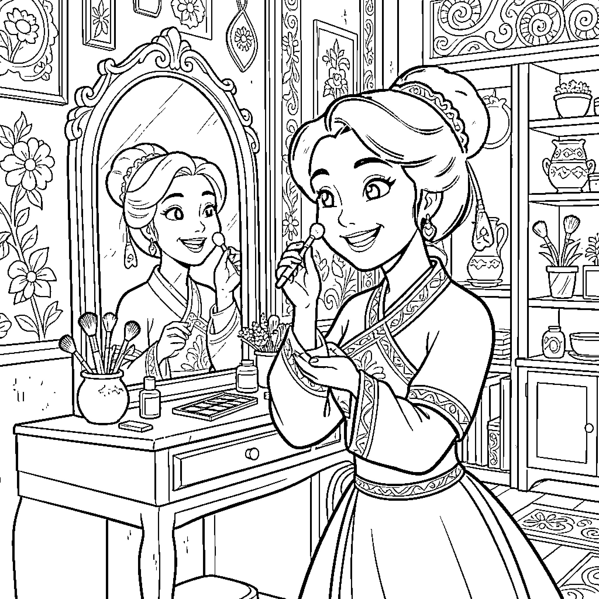 Mulan Preparing for an Adventure Coloring Page (free black-and-white line drawing printable PDF for all, from beginners to advanced learners, including children, teens, adults, and seniors)