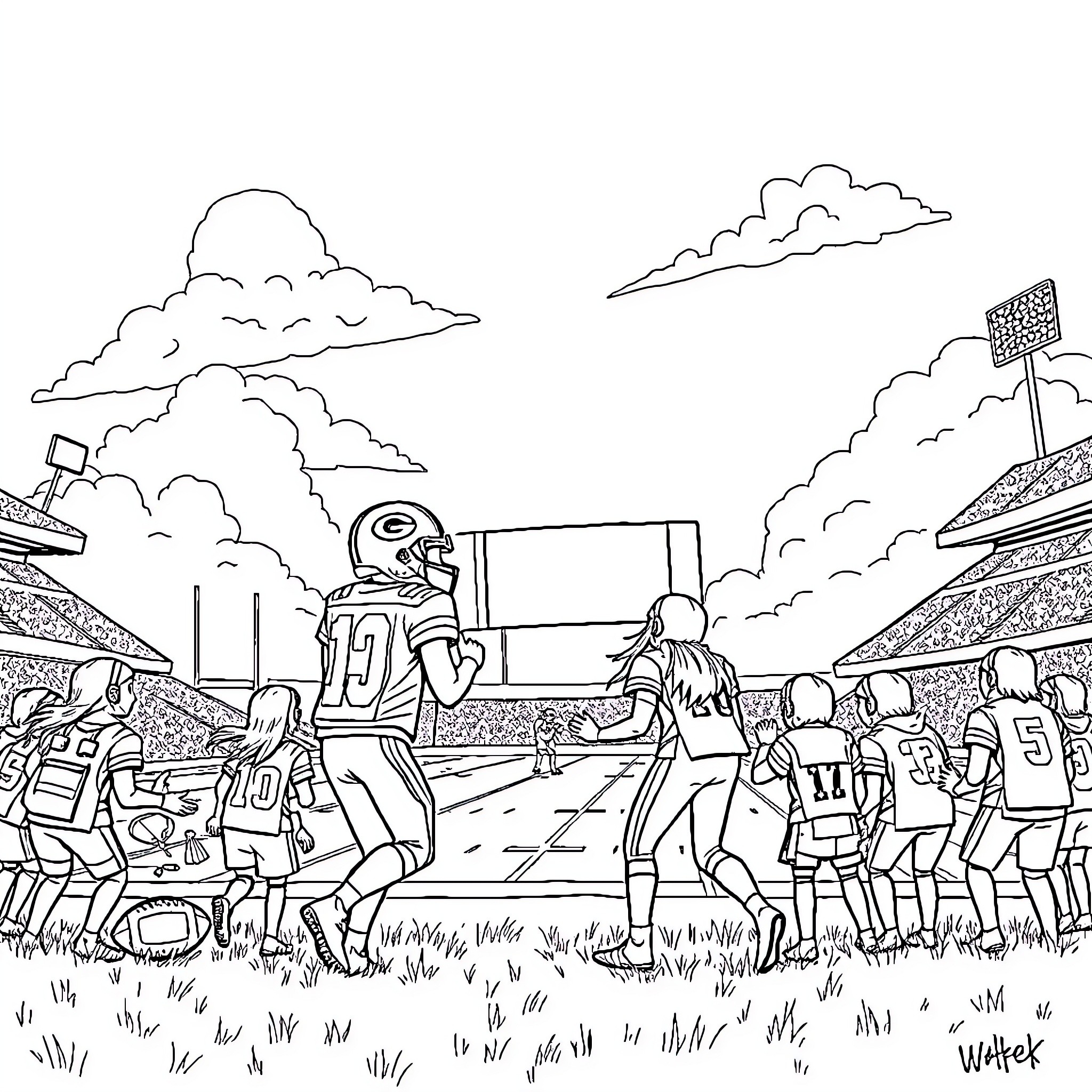 Football players competing in a game on the field Coloring Page (free black-and-white line drawing printable PDF for all, from beginners to advanced learners, including children, teens, adults, and seniors)